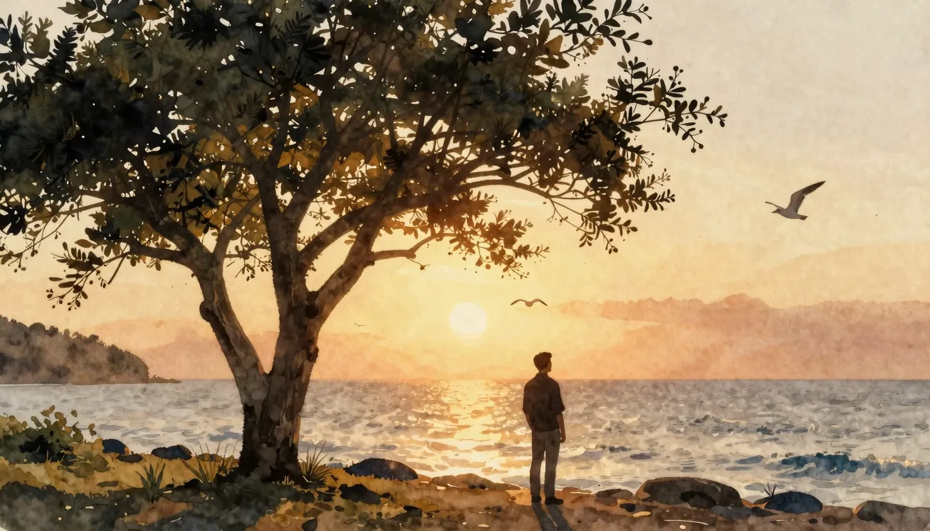 Watercolor style. A peaceful coastal landscape at sunset wit...