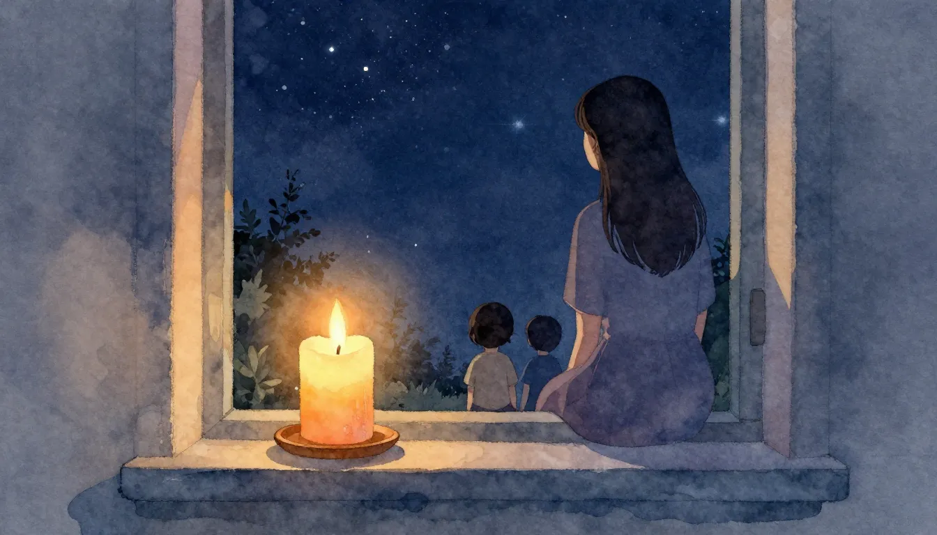 Watercolor style. A single candle burning in a window at nig...