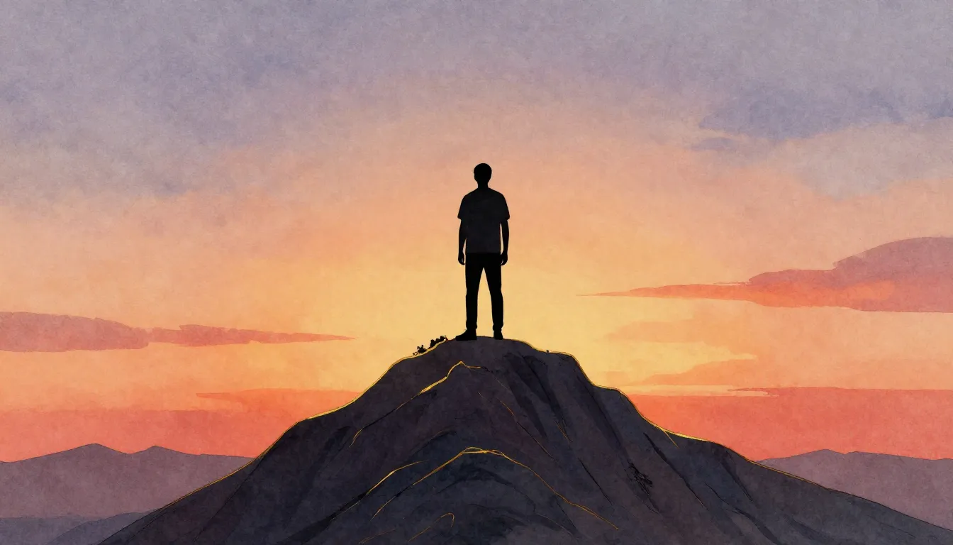 Watercolor style. A silhouette of a man standing on a high m...