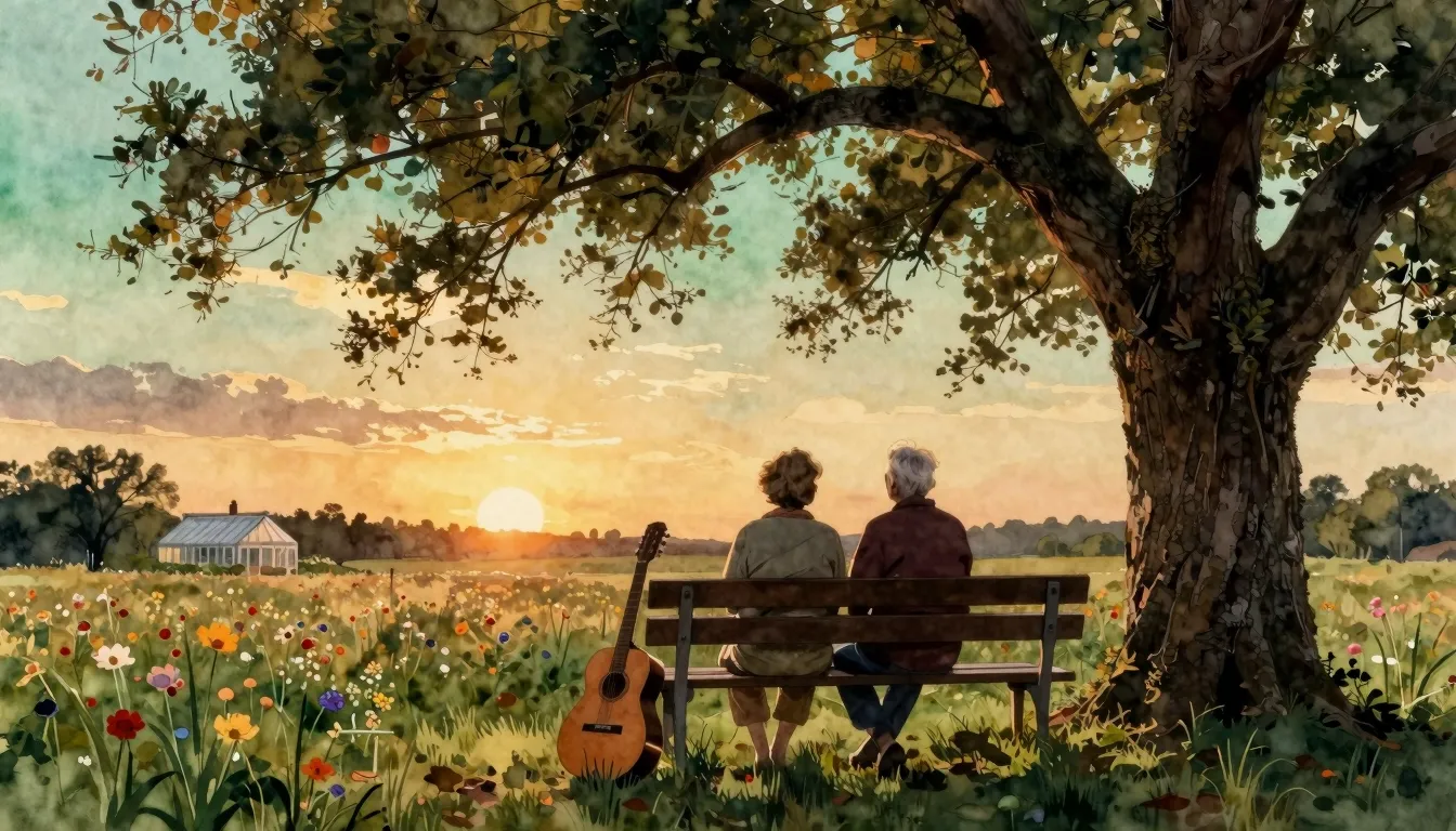 Watercolor style. A silhouette of an elderly couple sitting ...