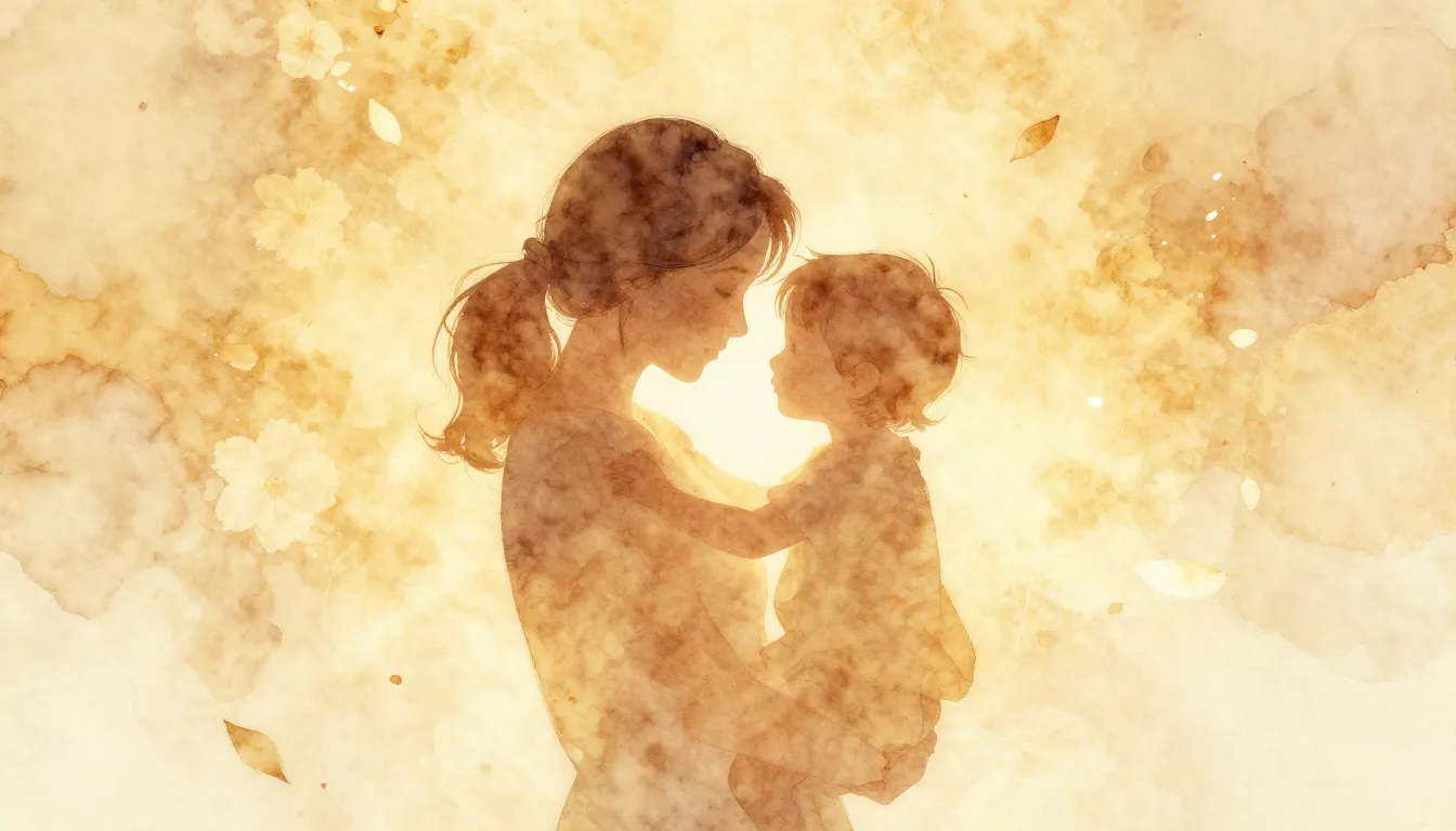 Watercolor style. A warm, glowing silhouette of a mother and...