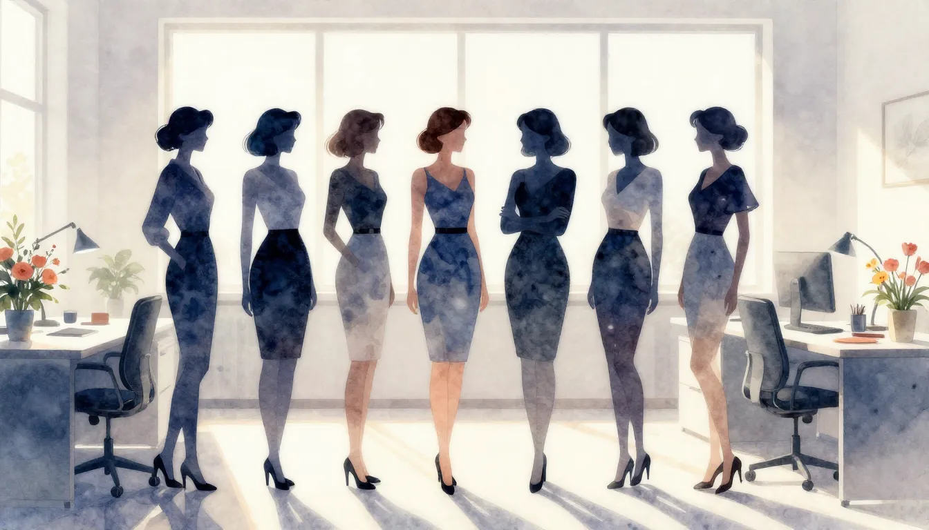 Watercolor style. Six elegant female silhouettes standing in...