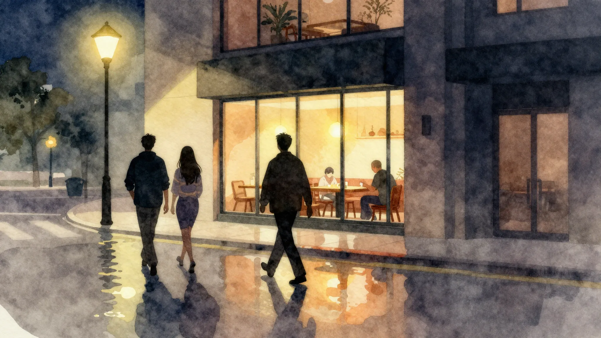 Watercolor style. Silhouettes of 2 figures walking under str...