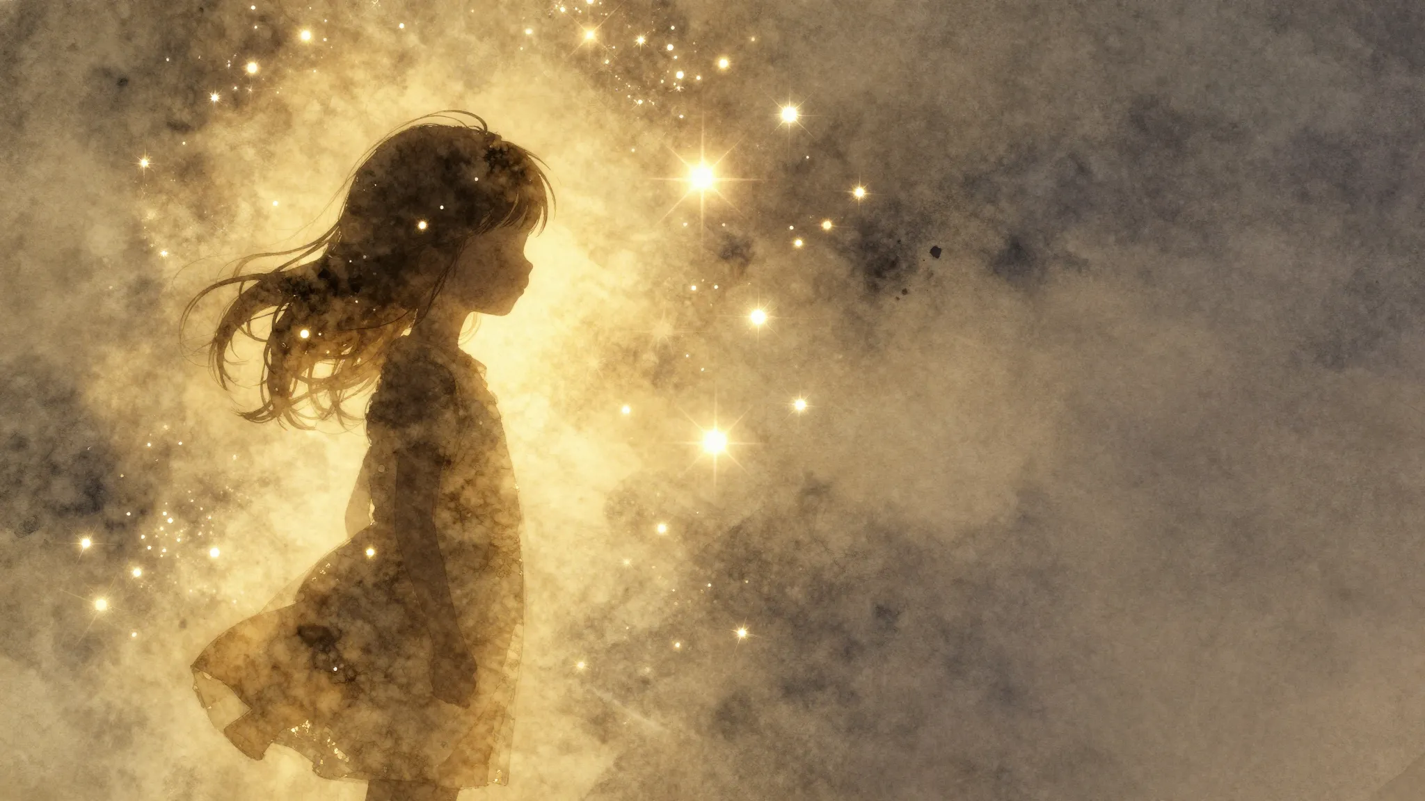 Watercolor style. A silhouette of a young girl surrounded by...