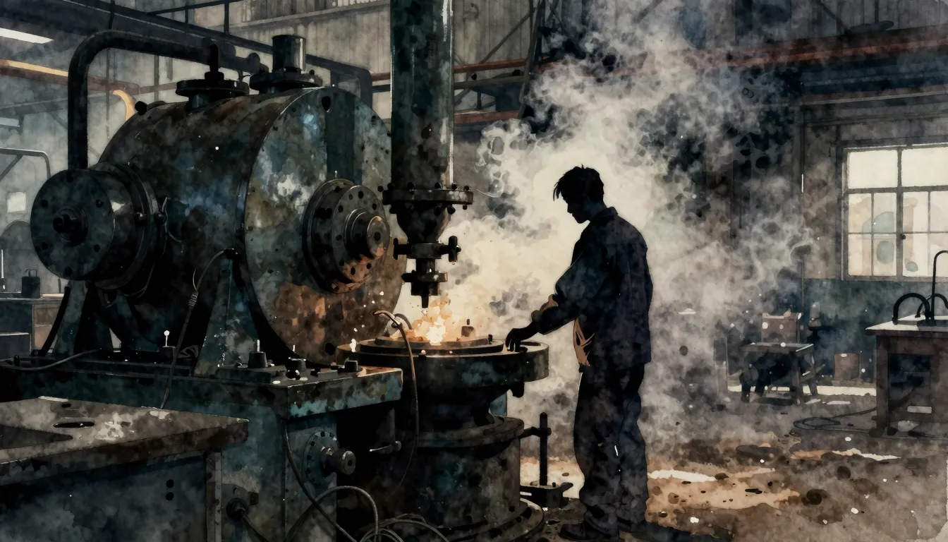 Watercolor style. Silhouette of a factory worker standing ne...