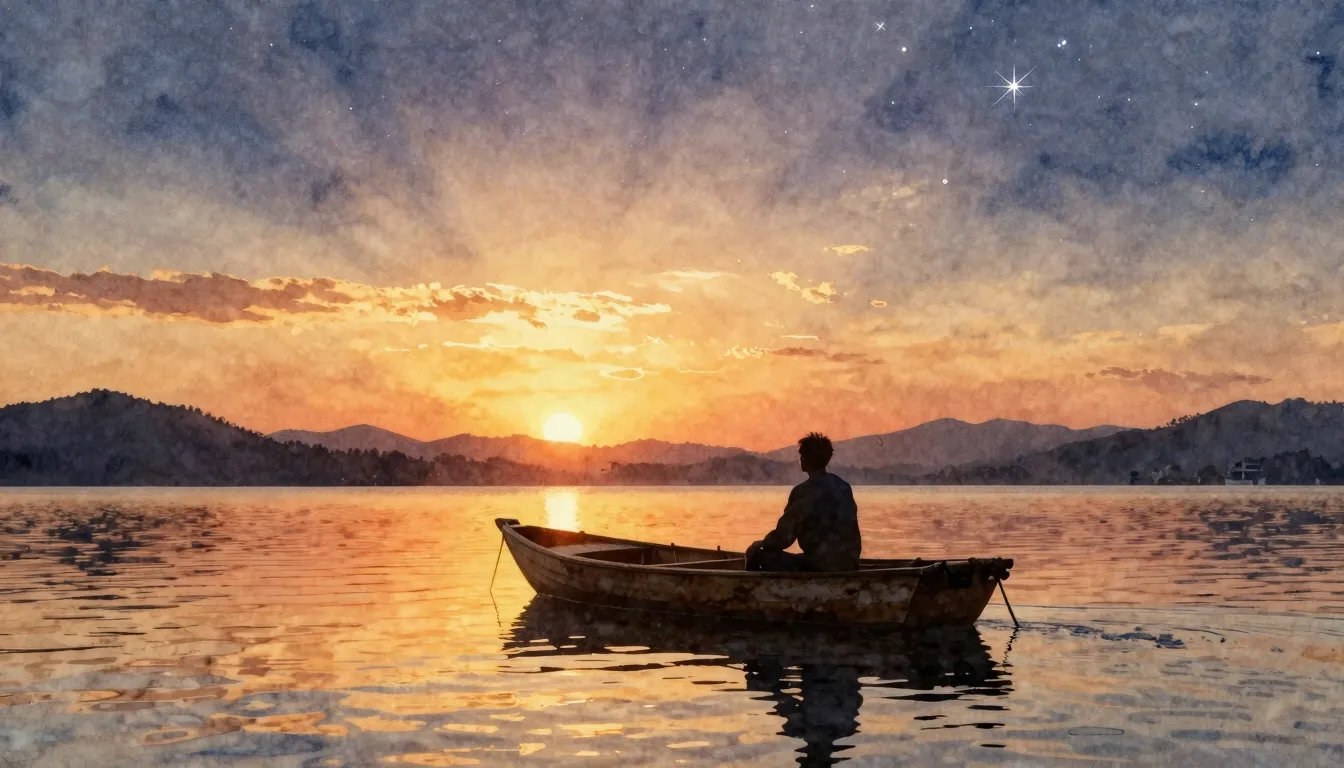 Watercolor style. Silhouette of a man in a small wooden boat...