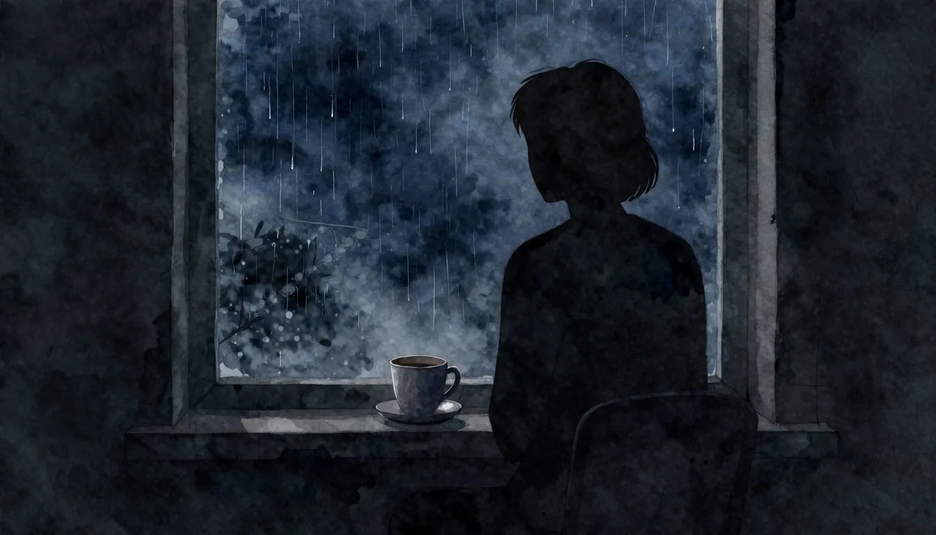 Watercolor style. A dark, moody silhouette of a person sitti...