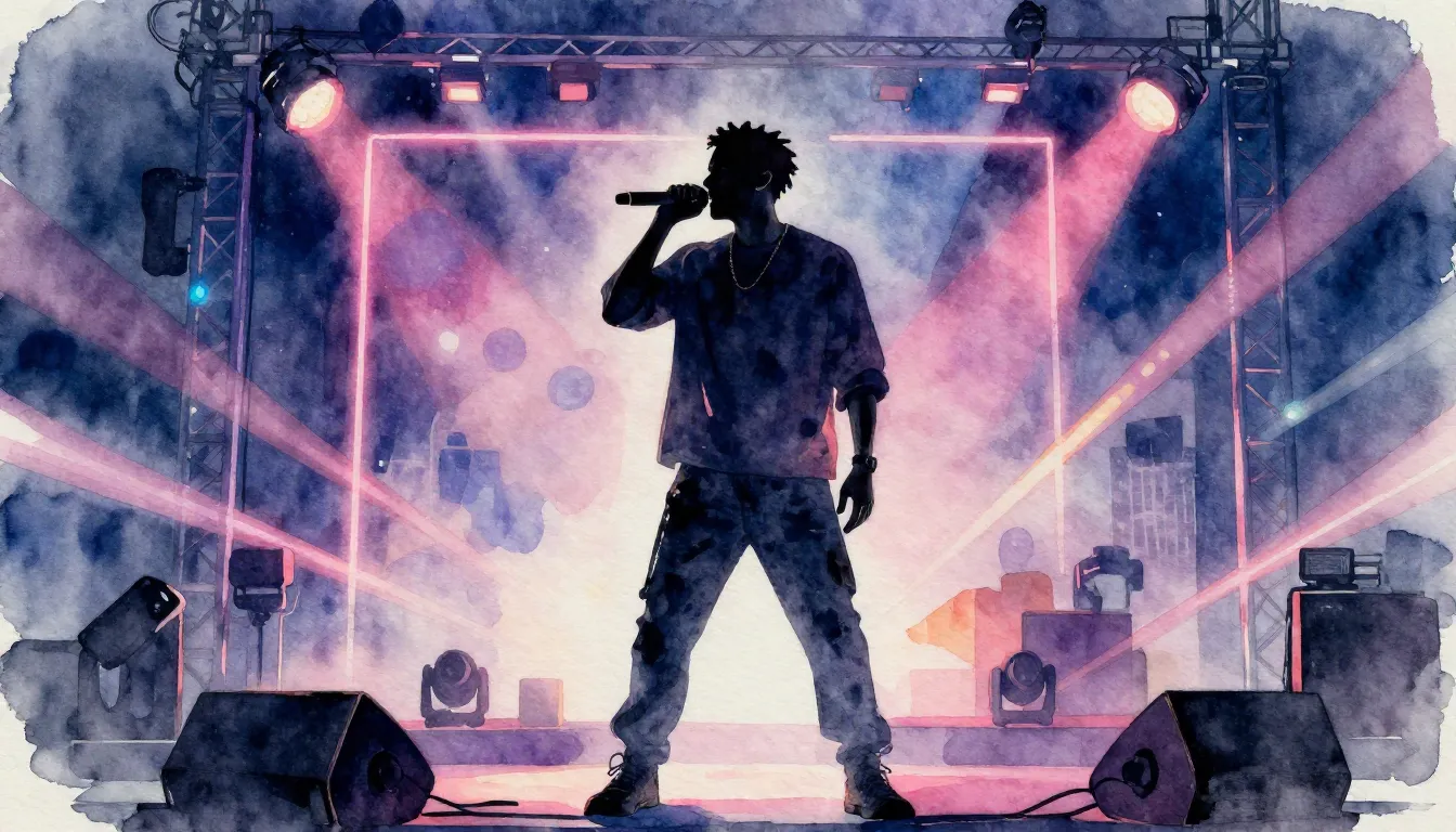 Watercolor style. Silhouette of a man standing on a stage wi...