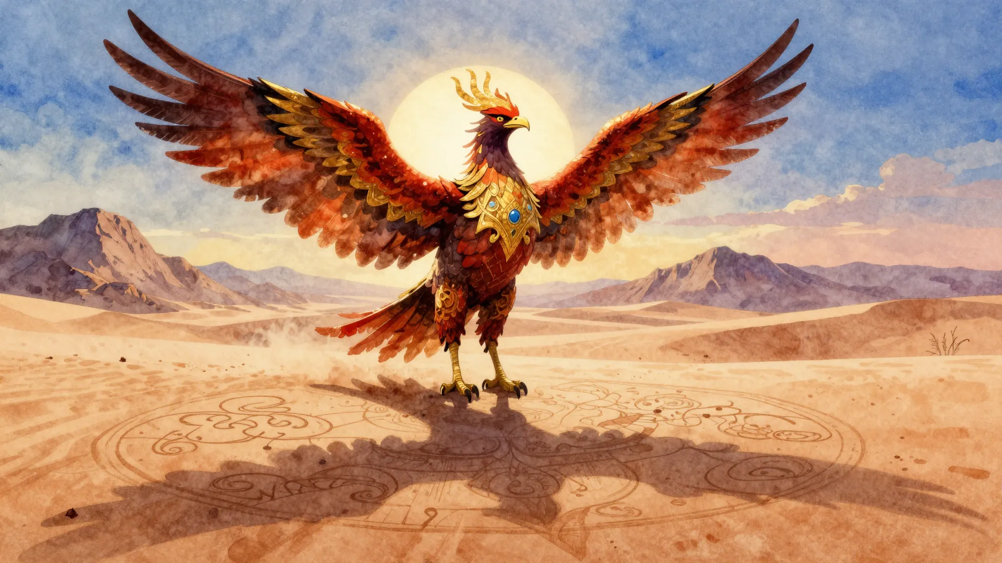 Vibrant watercolor style. Epic folk metal album cover. A maj...