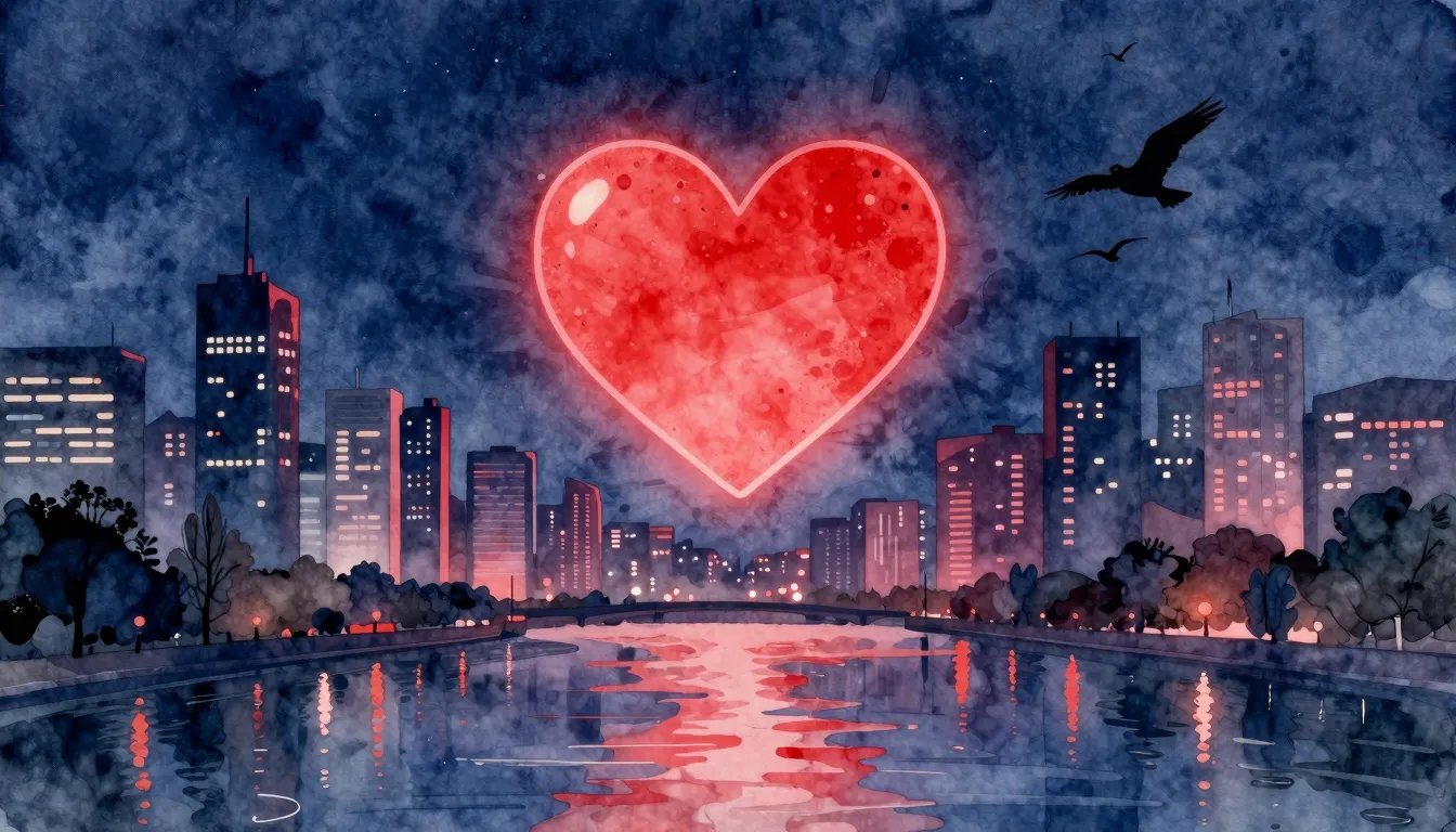Watercolor style. A glowing red heart floating above a peace...