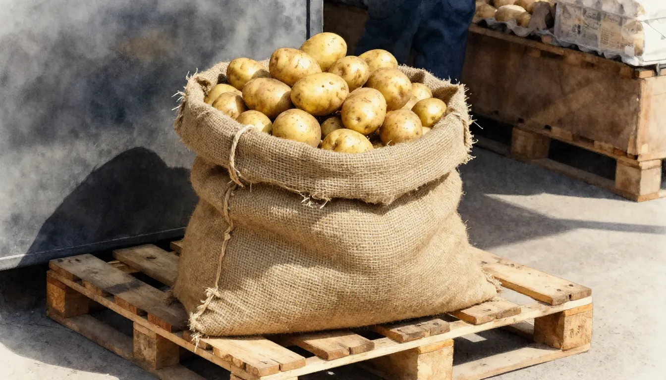 Watercolor style. A large burlap sack of potatoes on a woode...