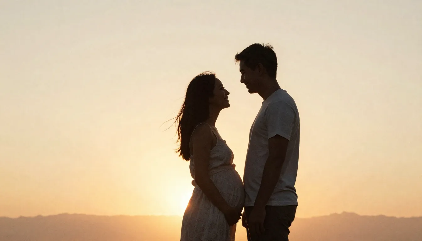 Watercolor style. Silhouette of a happy couple at sunset, th...