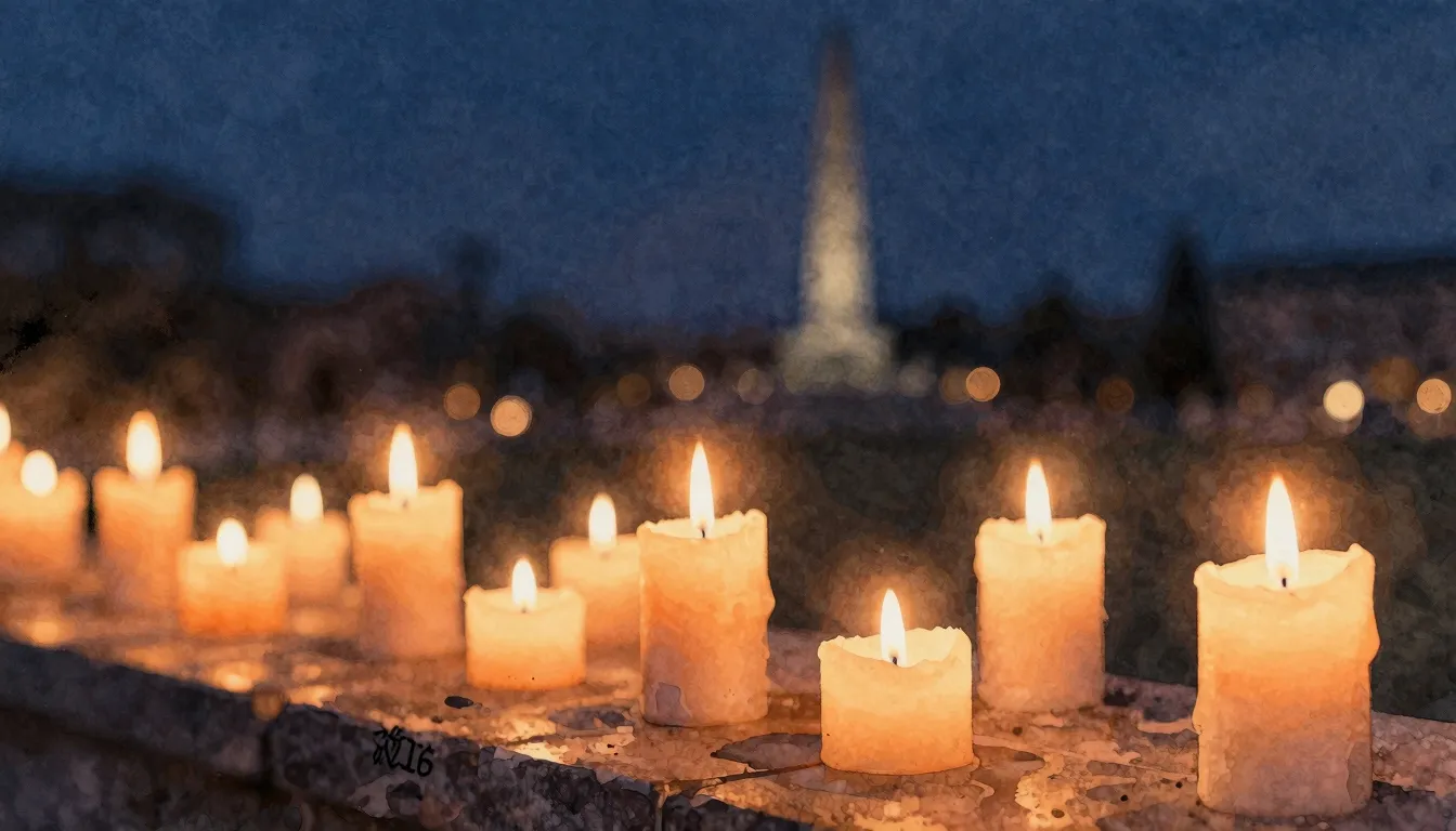 Watercolor style. Close up of many burning candles on a ston...