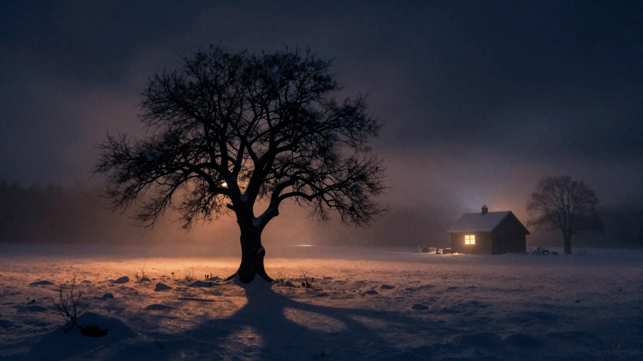 Watercolor style. Silhouette of a lonely tree in a snowy fie...