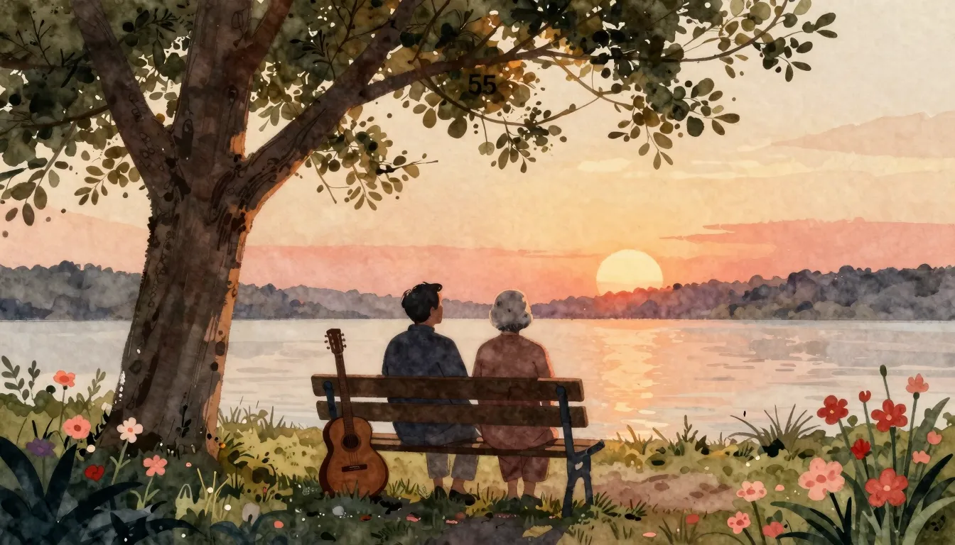 Watercolor style. A silhouette of an elderly couple sitting ...