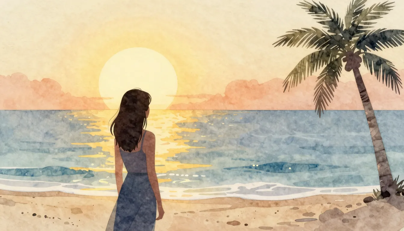 Watercolor style. A silhouette of a woman on a sunny beach, ...