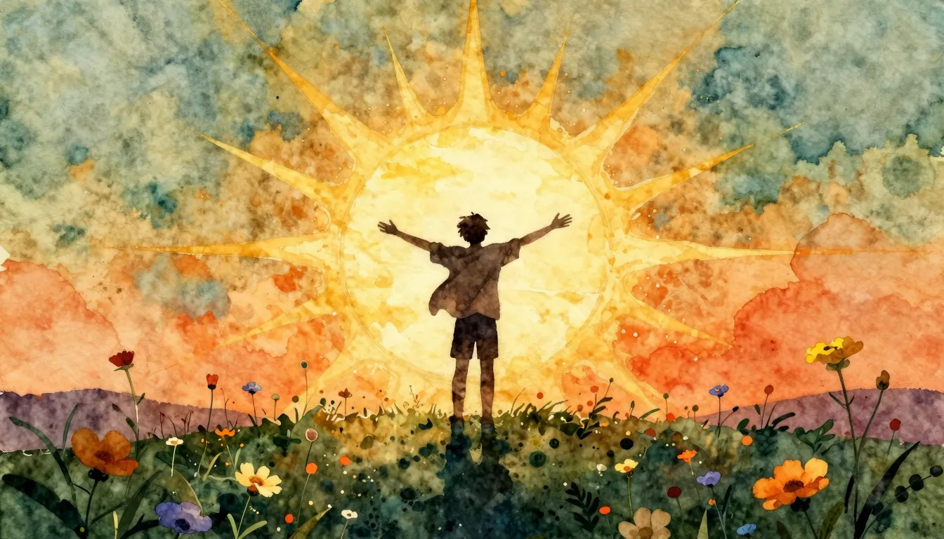 Watercolor style. A silhouette of a person standing on a hil...