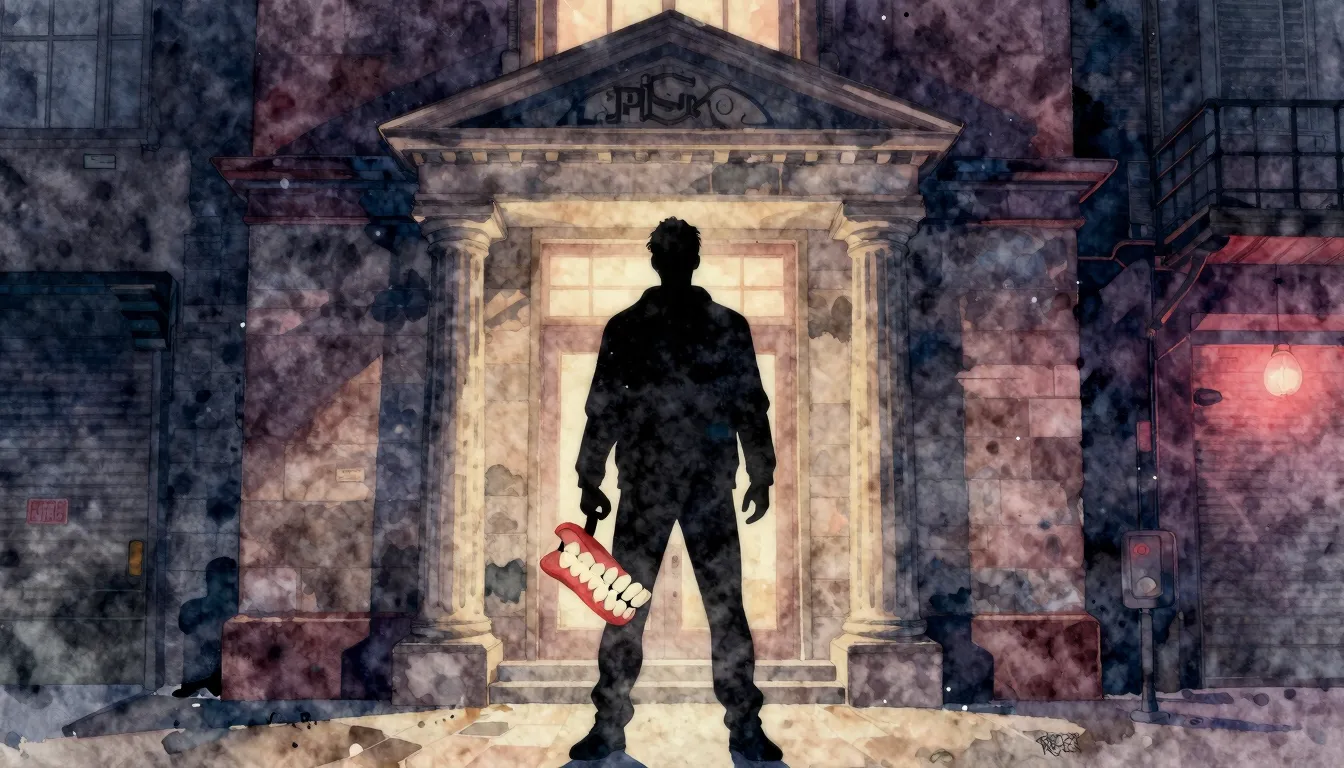 Watercolor style. A silhouette of a man holding a giant toot...