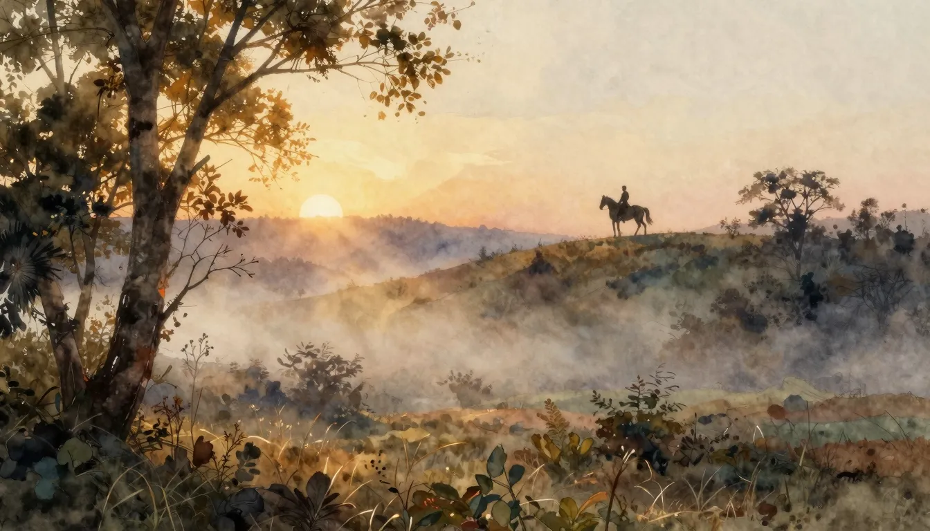 Watercolor style. Sunrise over a quiet, misty valley, a silh...