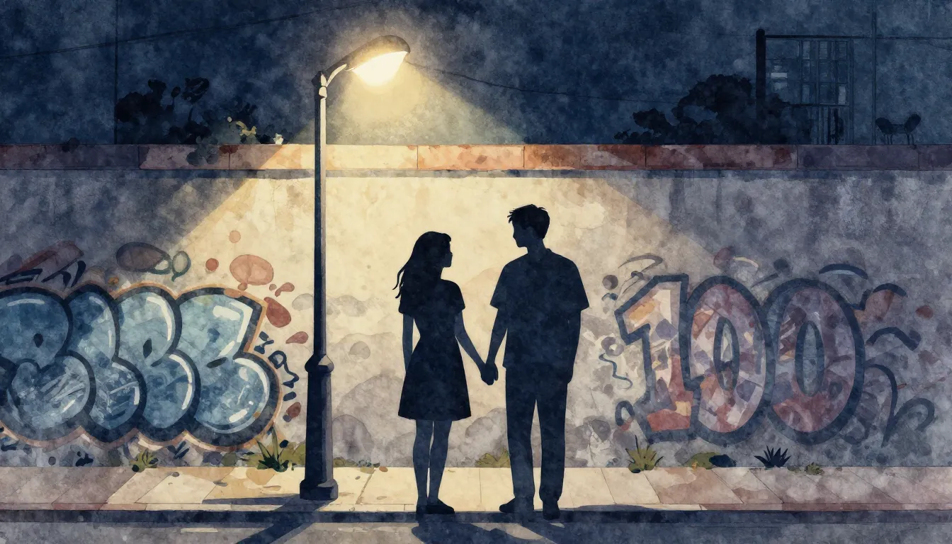 Watercolor style. Silhouette of a couple holding hands under...