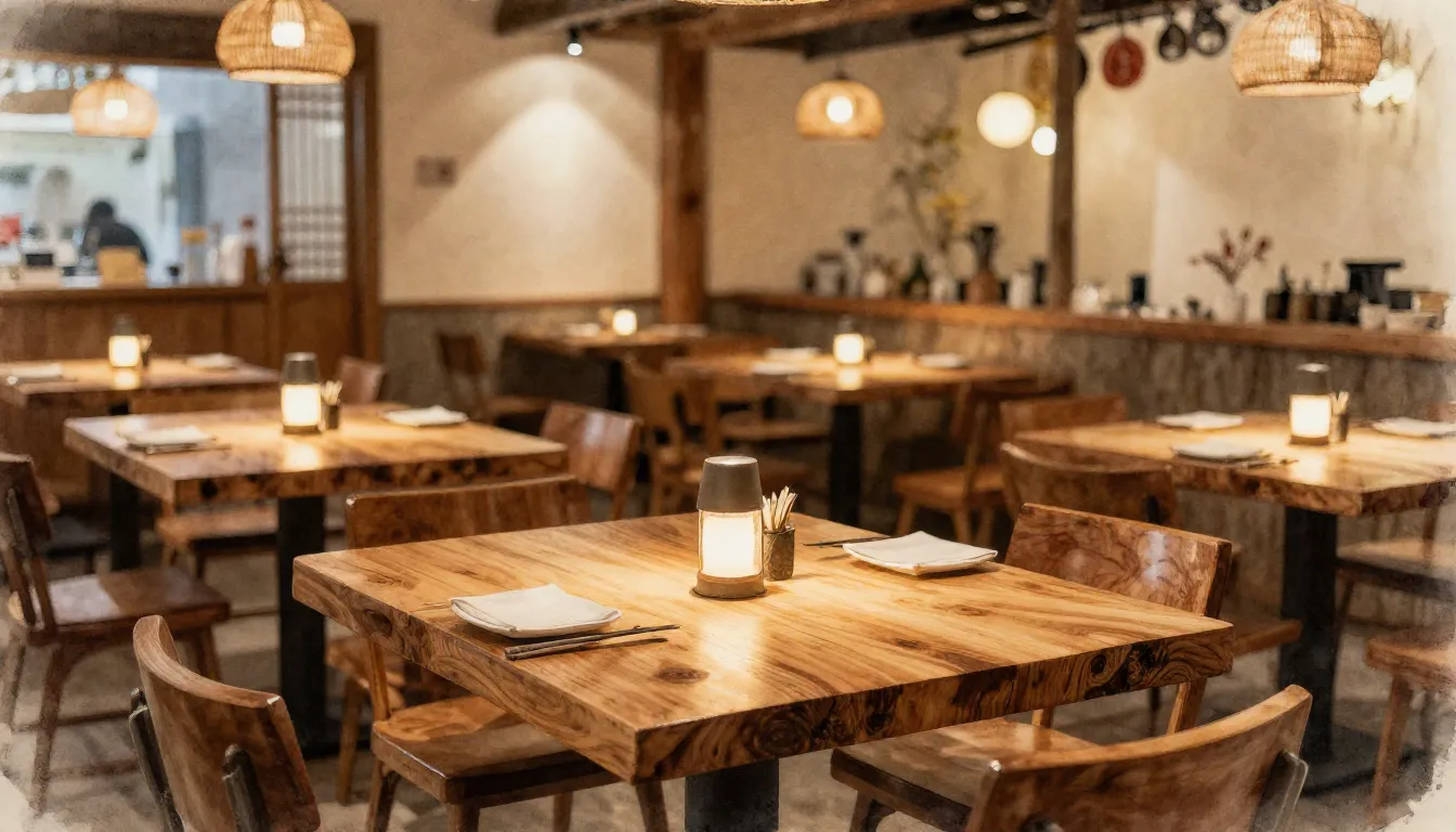 Watercolor style. Cozy Asian restaurant interior, natural li...