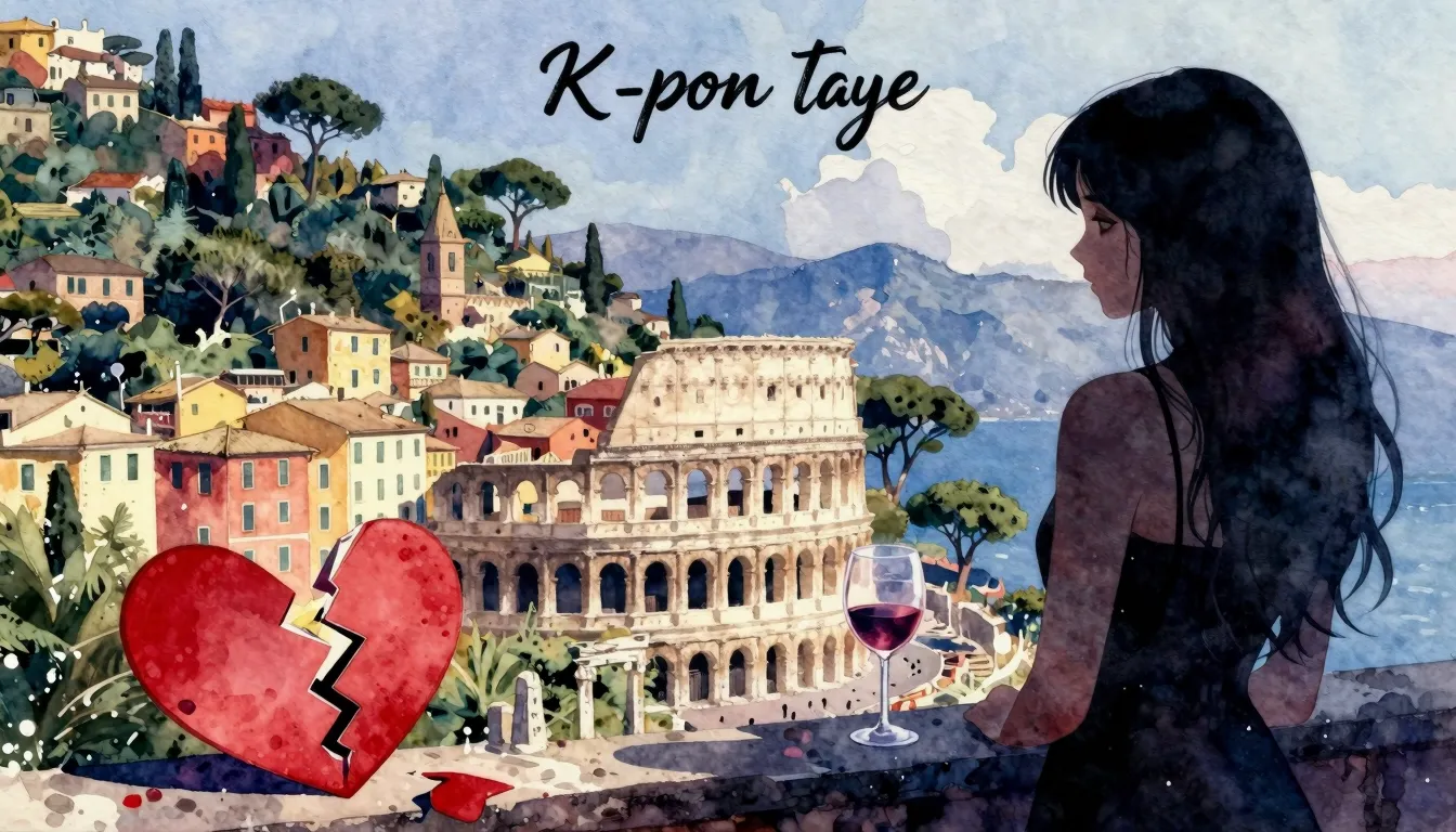 Vibrant watercolor style. K-Pop album cover, sad girl silhou...