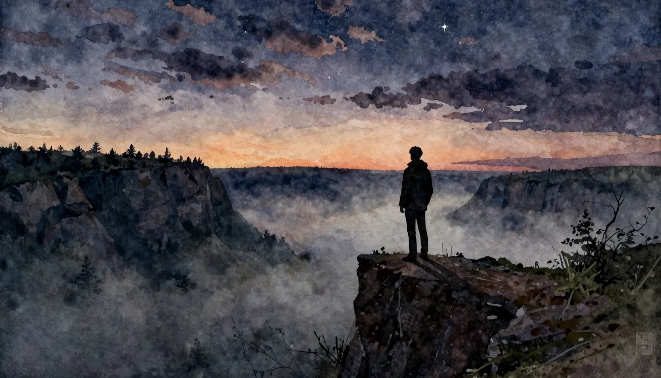 Watercolor style. A silhouette of a person standing on a cli...