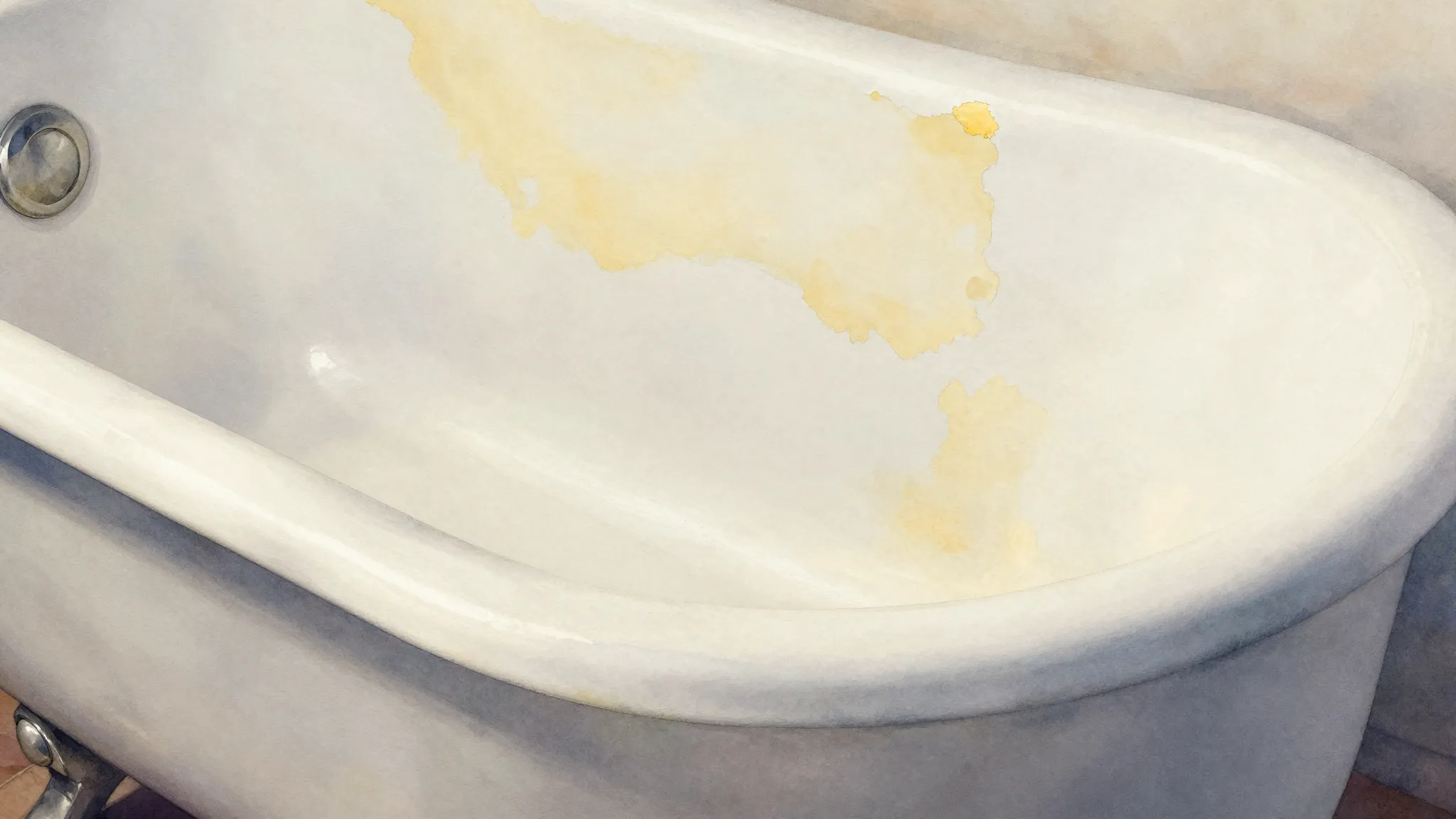 Watercolor style. A close-up of a steel bathtub surface show...