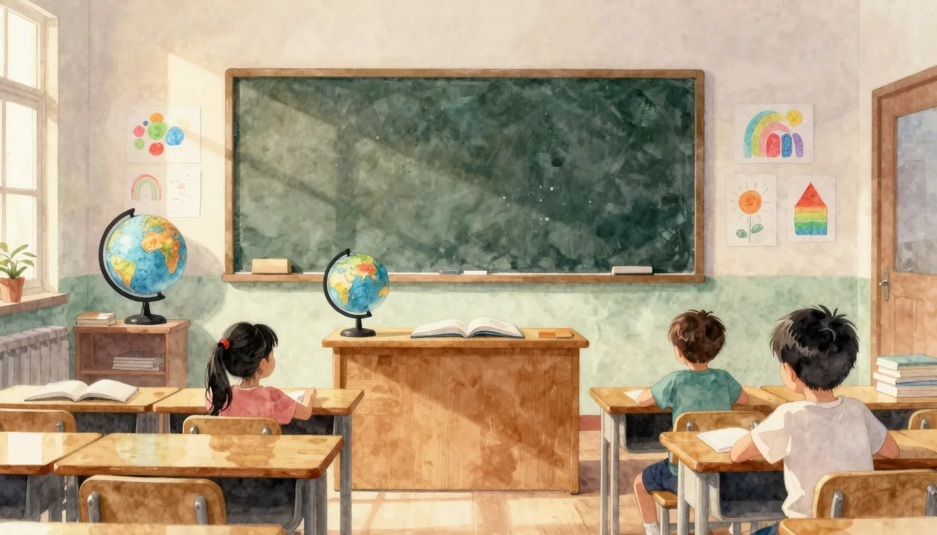 Watercolor style. A bright classroom with a blackboard, colo...