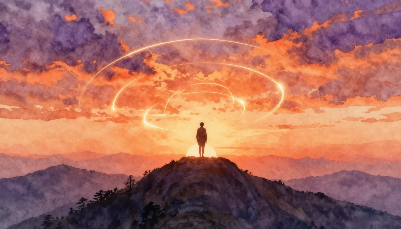 Watercolor style. A silhouette of a person standing on a mou...