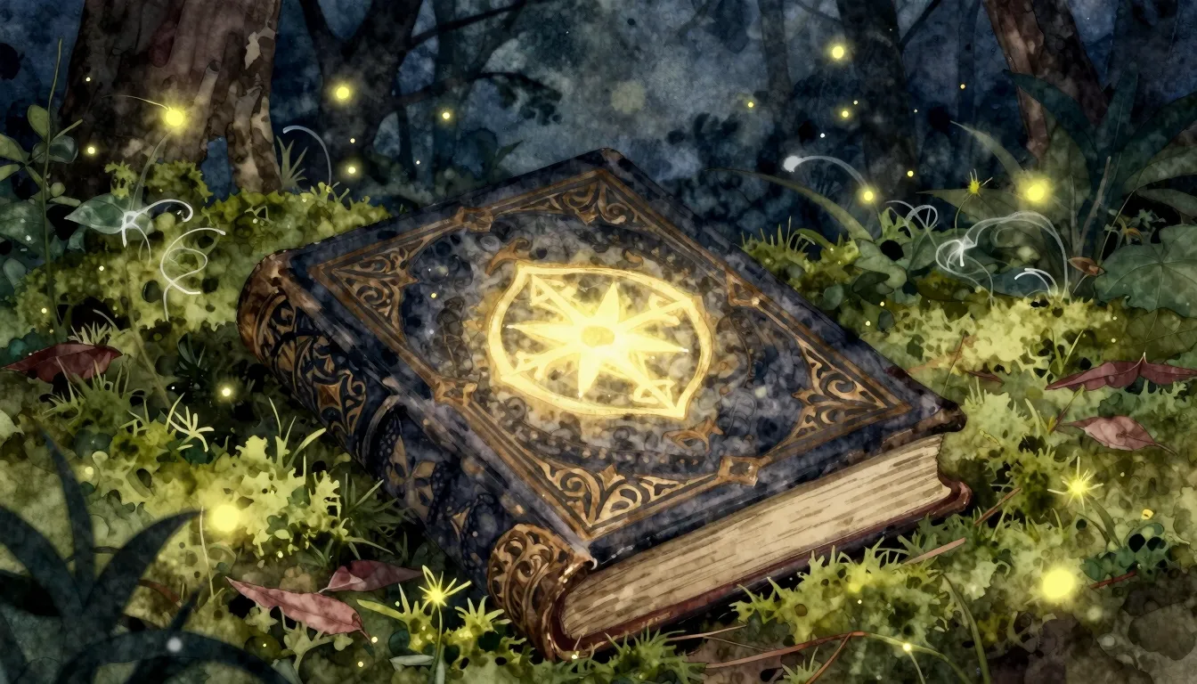 Watercolor style. A close-up of a dark, ornate grimoire with...