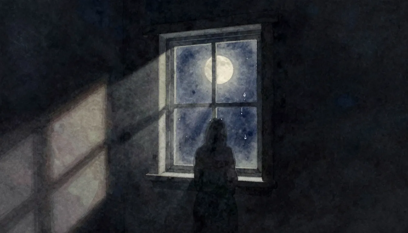 Watercolor style. A dark room with a single window, moonligh...