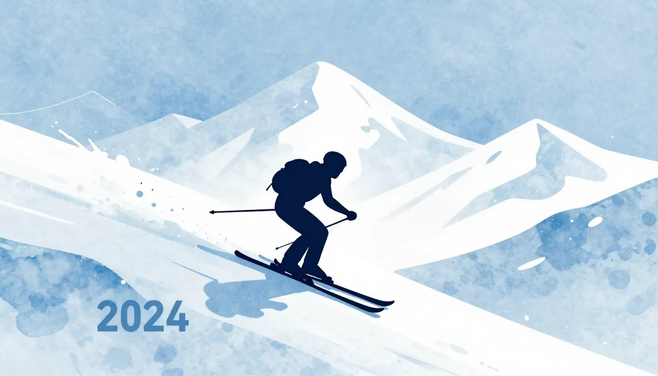Watercolor style. Silhouette of a skier on a steep mountain ...