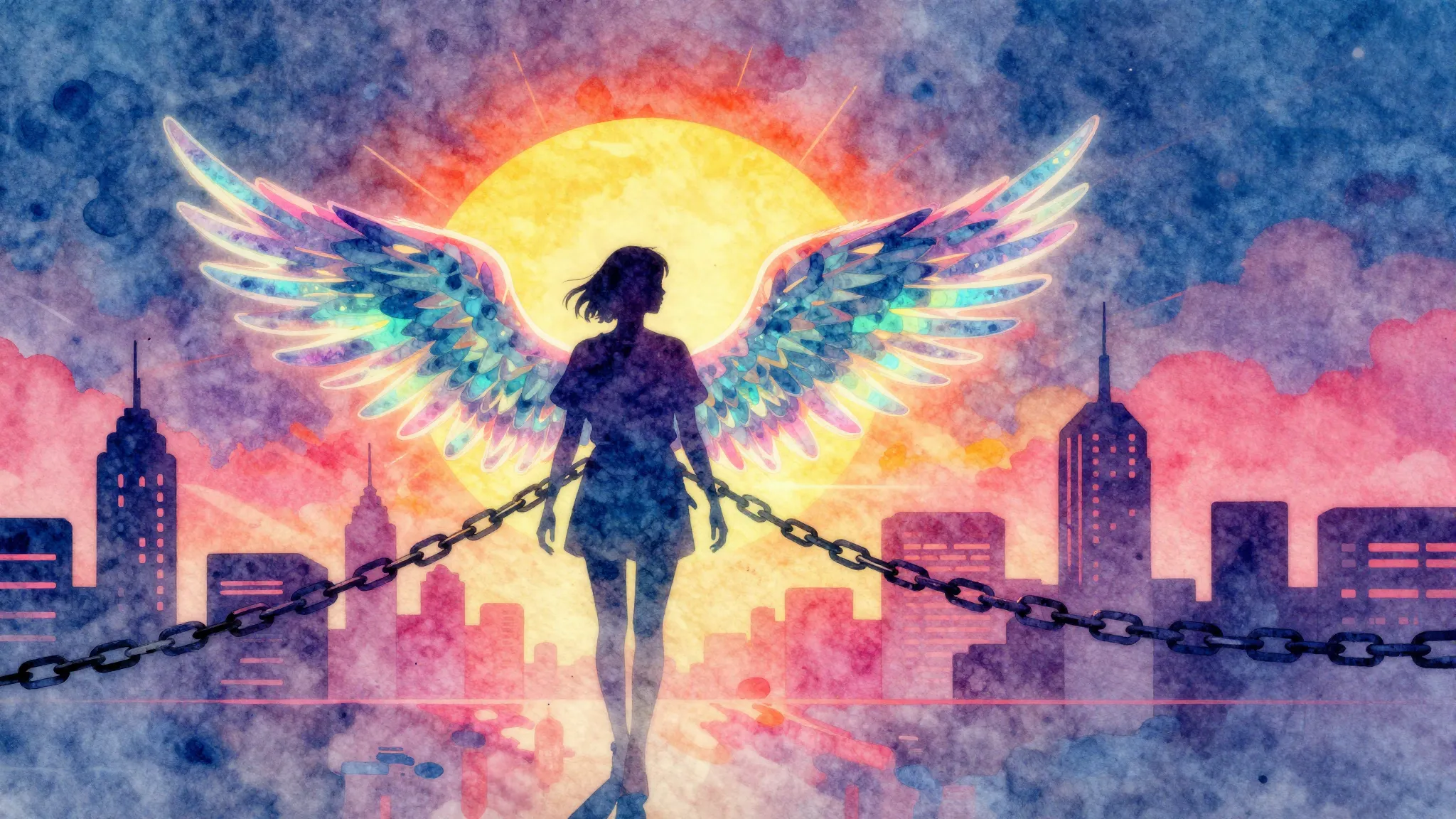 Vibrant watercolor style. Synthwave album cover, vibrant neo...