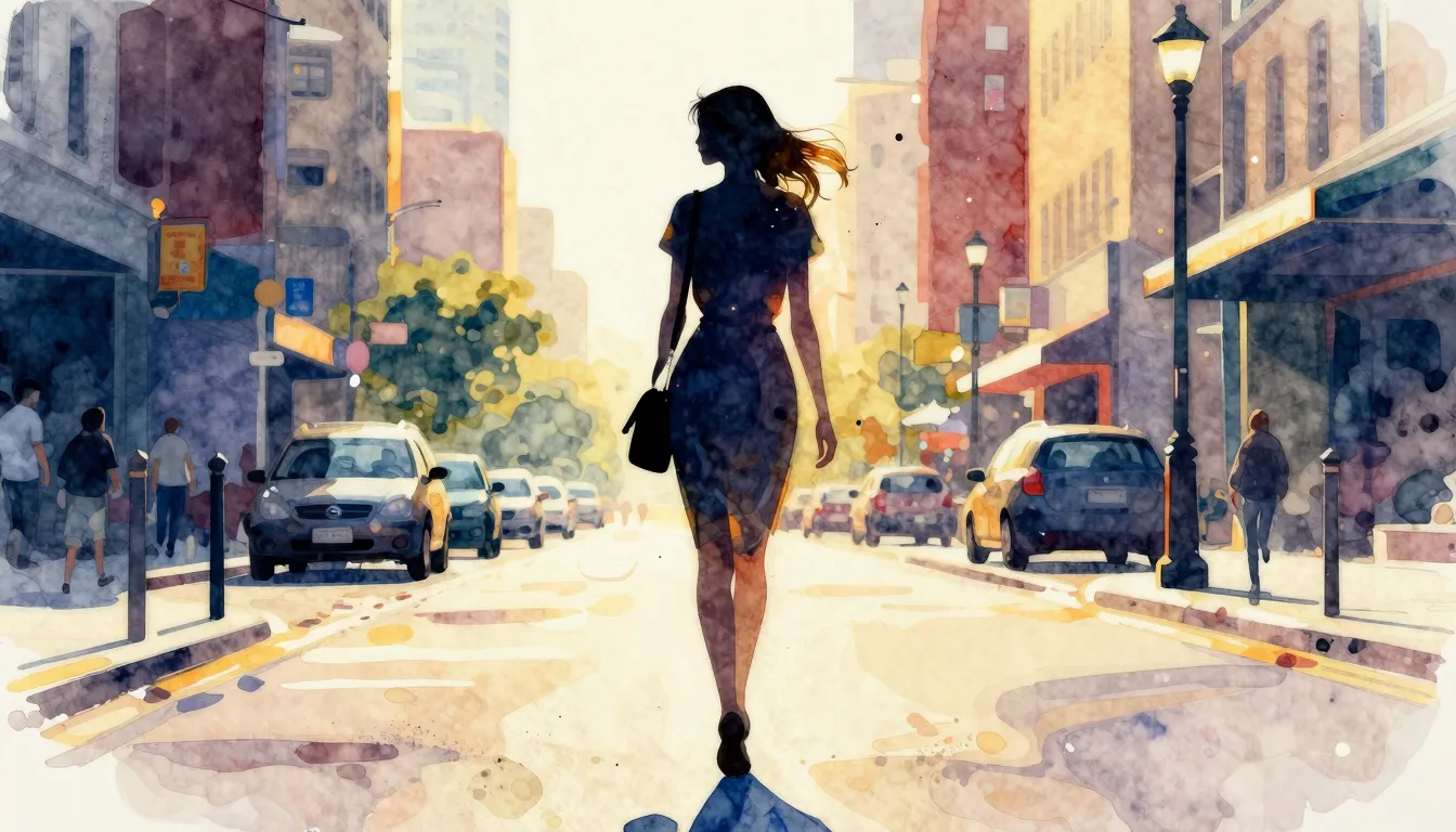 Watercolor style. A silhouette of a tall, slender woman walk...