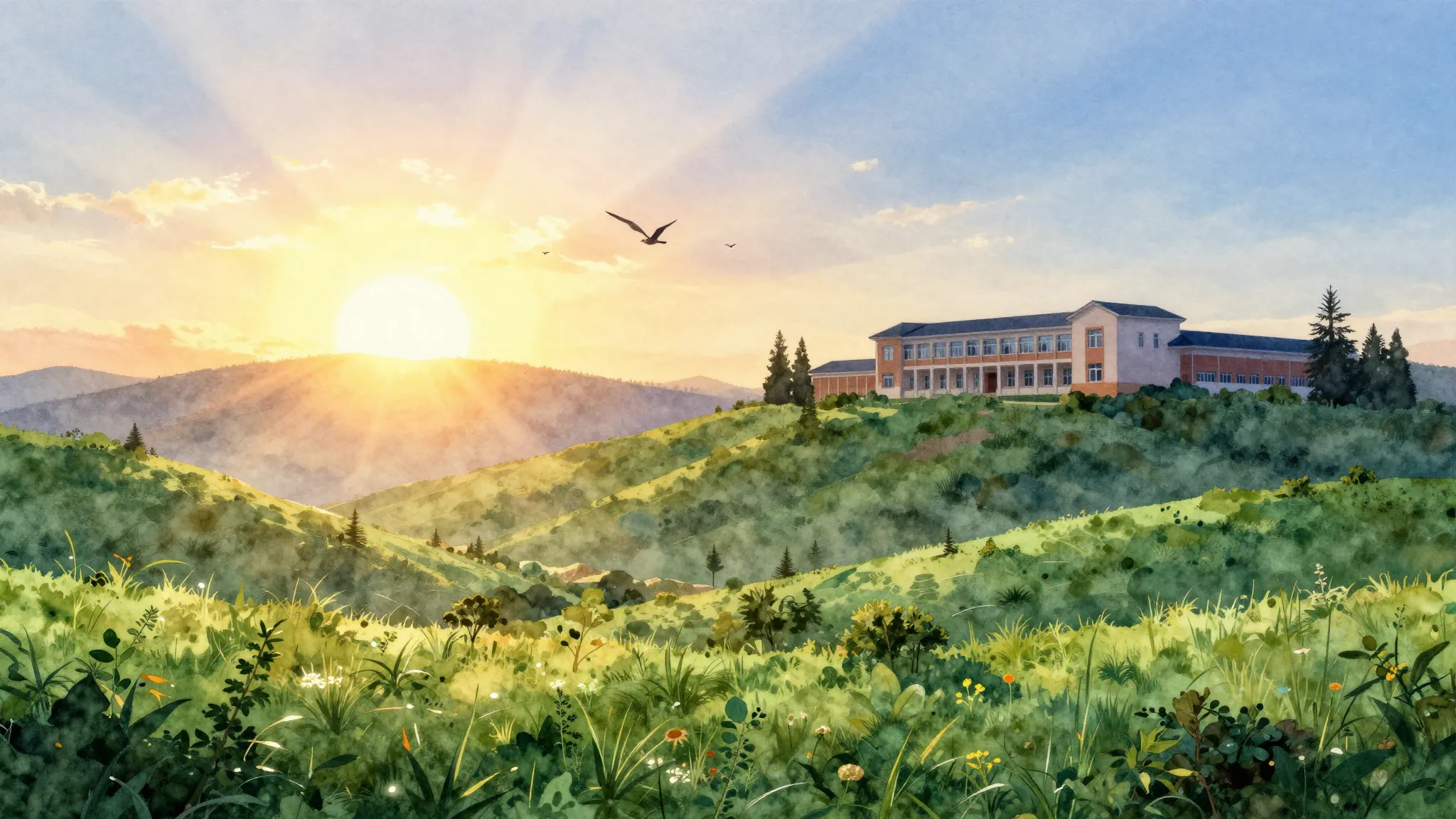 Watercolor style. A bright sunrise over a green valley with ...