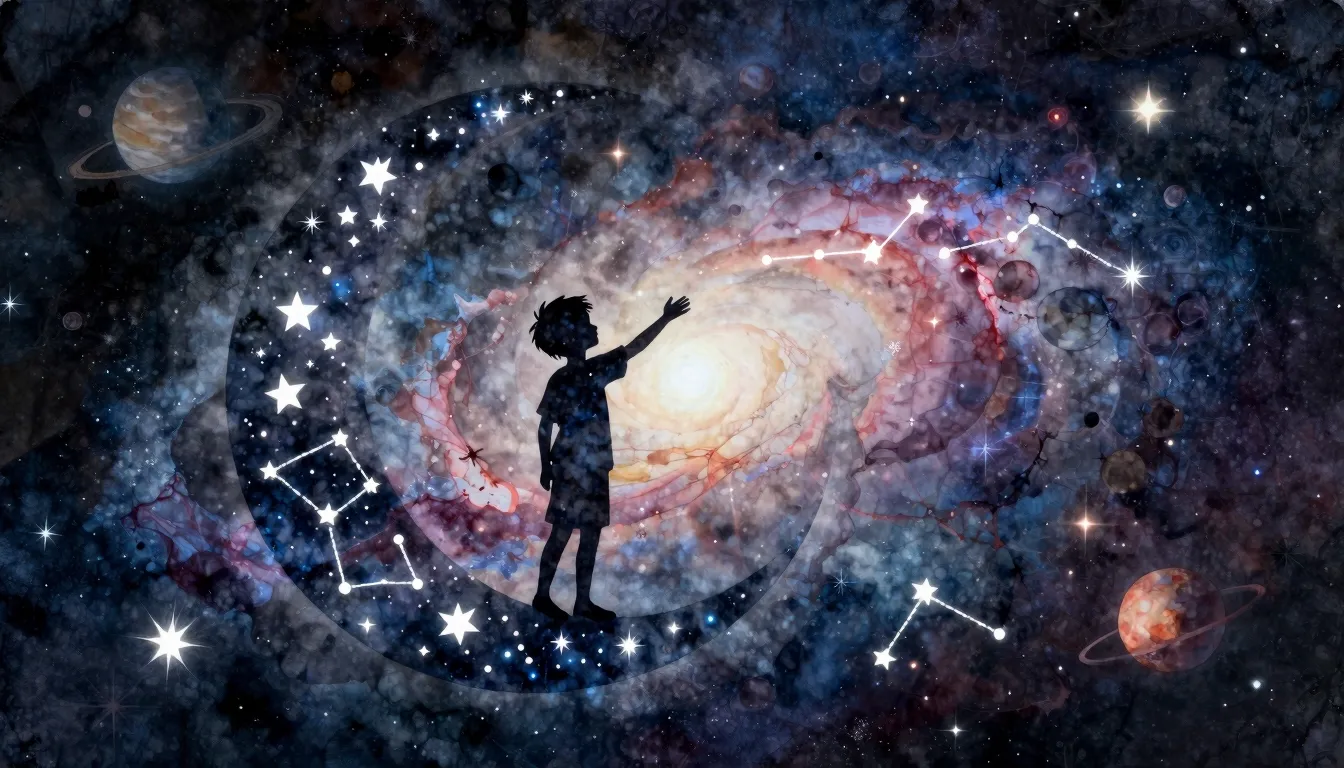 Watercolor style. A silhouette of a boy made of stars and co...