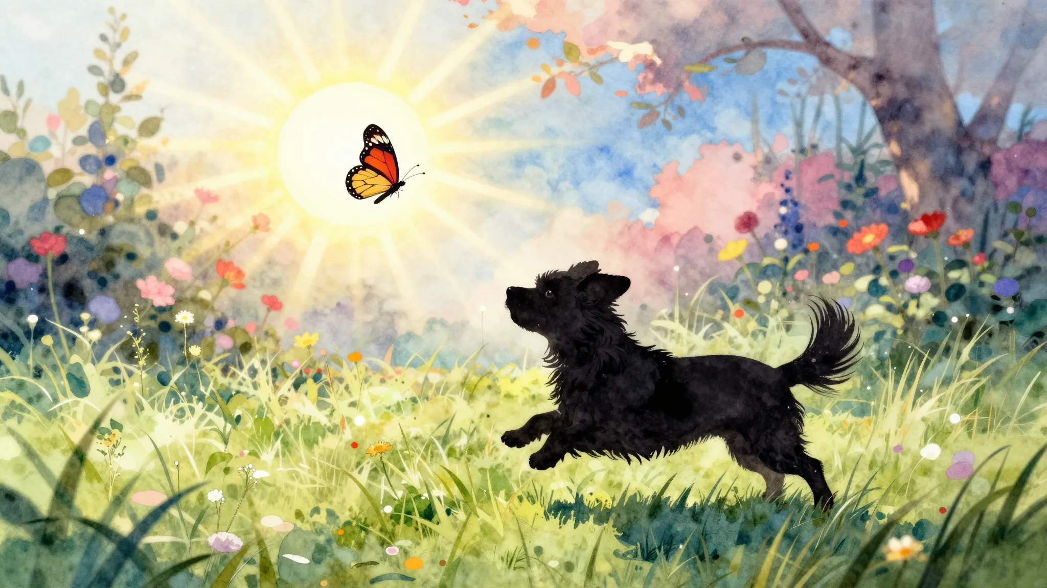 Watercolor style. Silhouette of a tiny long-haired dog jumpi...