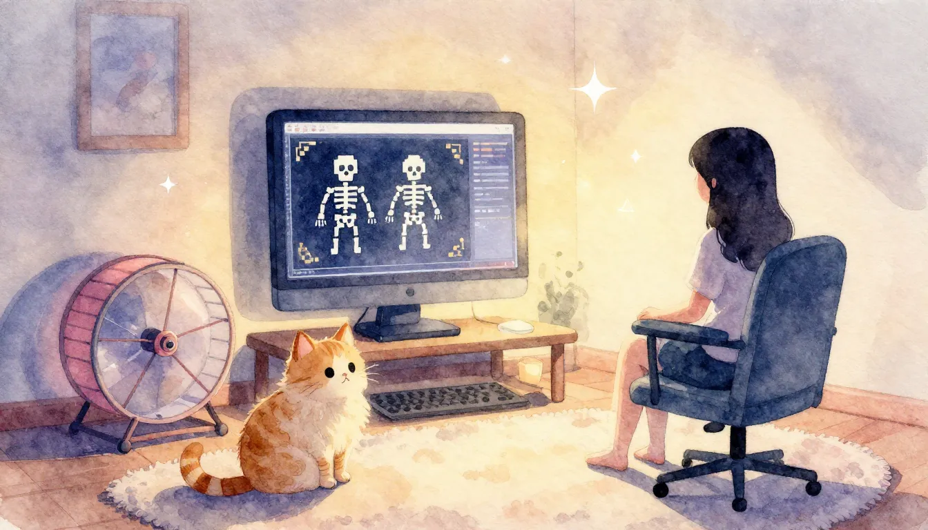 Watercolor style. A cozy room with a glowing computer screen...