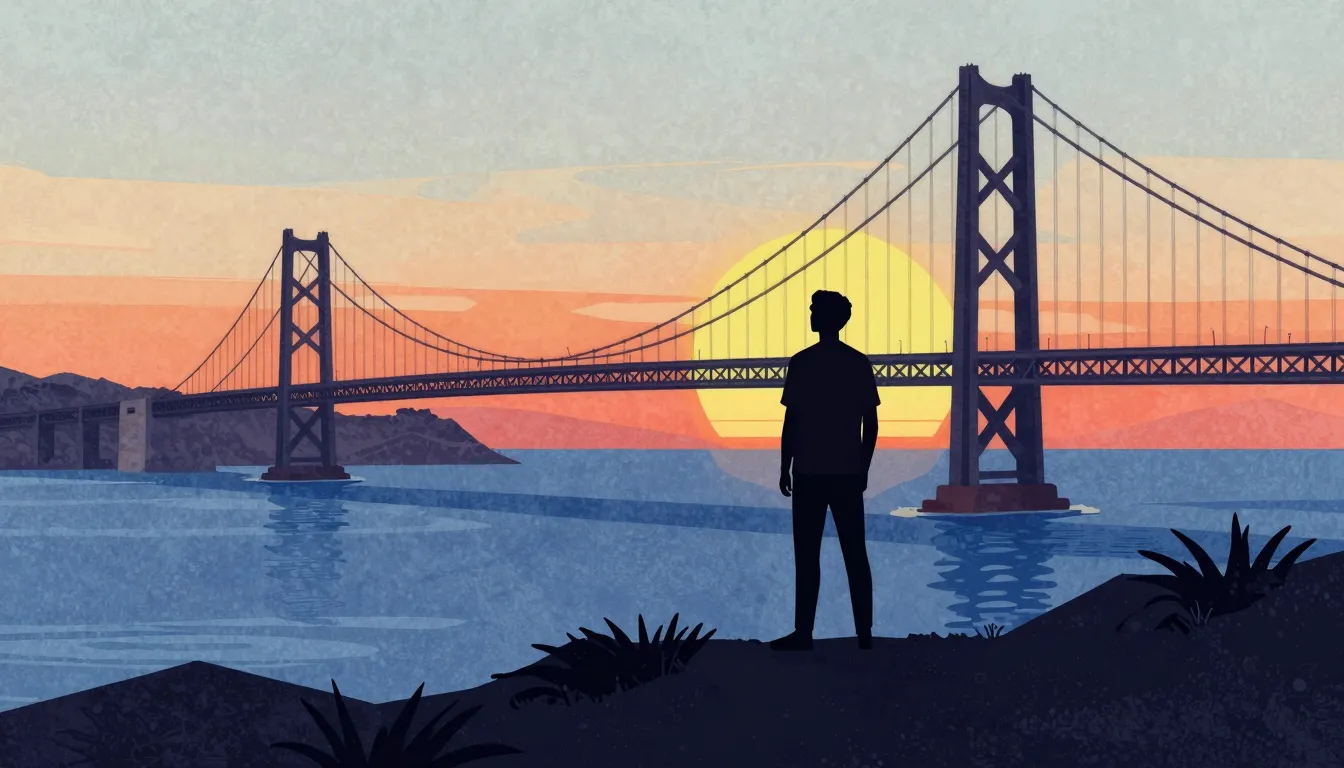 Watercolor style. A silhouette of a person standing on a hil...