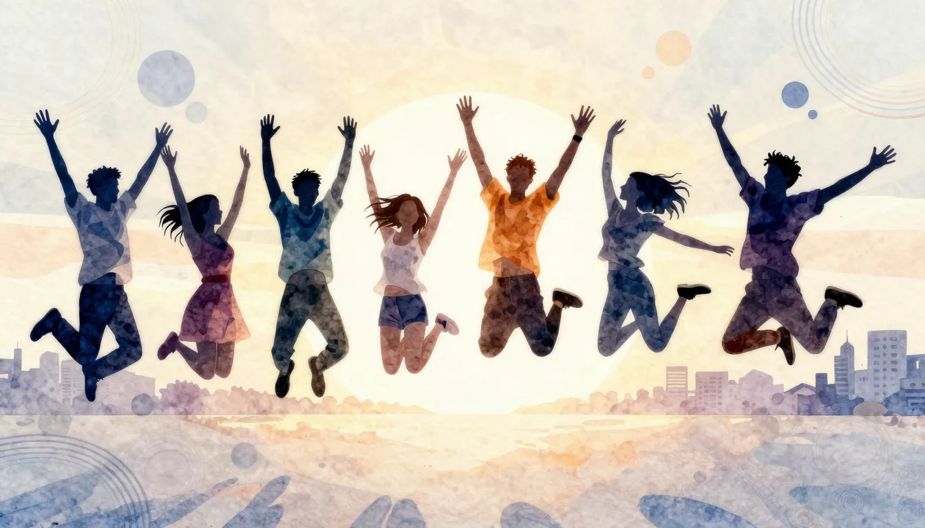 Watercolor style. Stylized silhouettes of a group of young p...