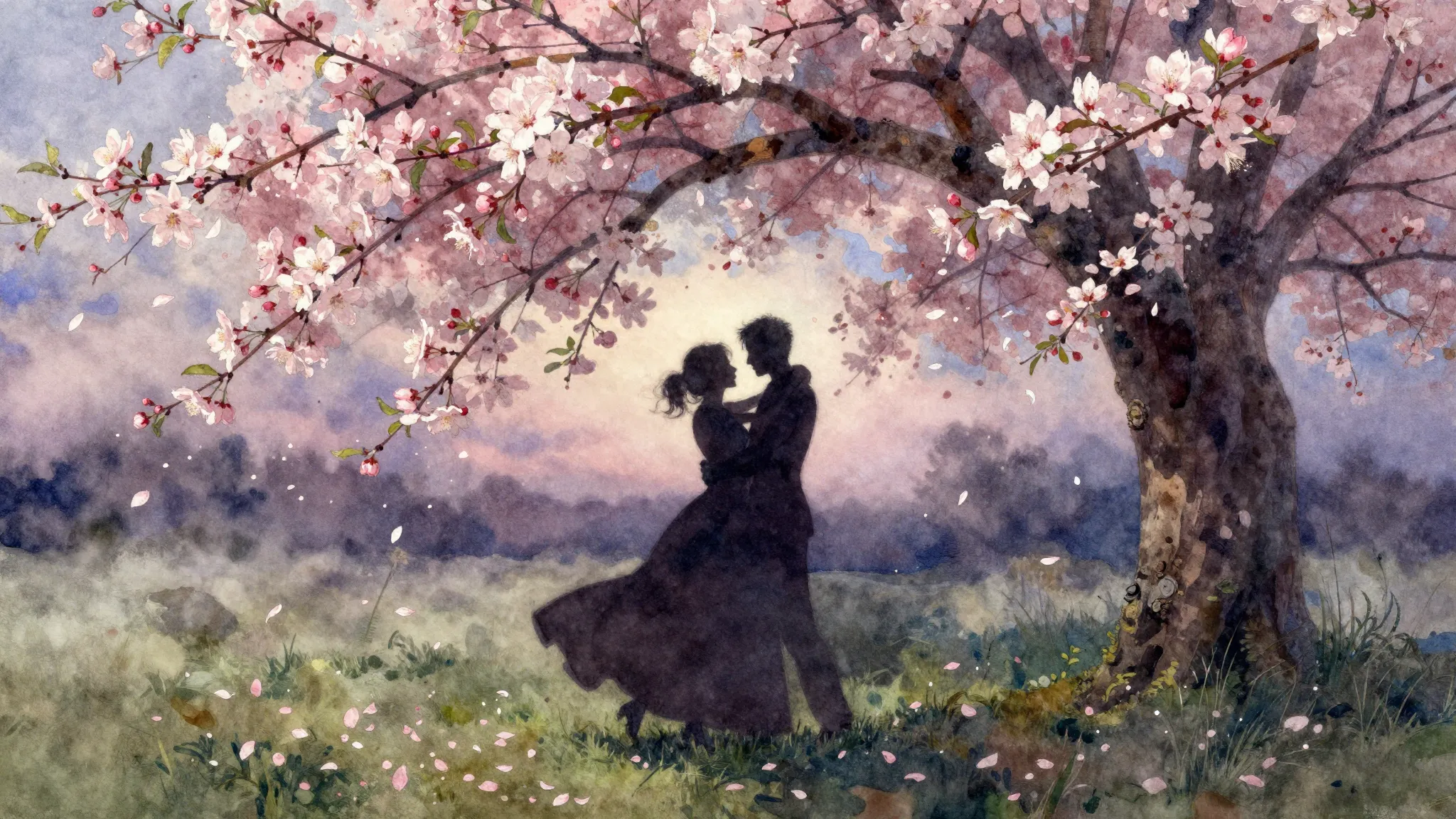 Watercolor style. A silhouette of a couple dancing under a b...