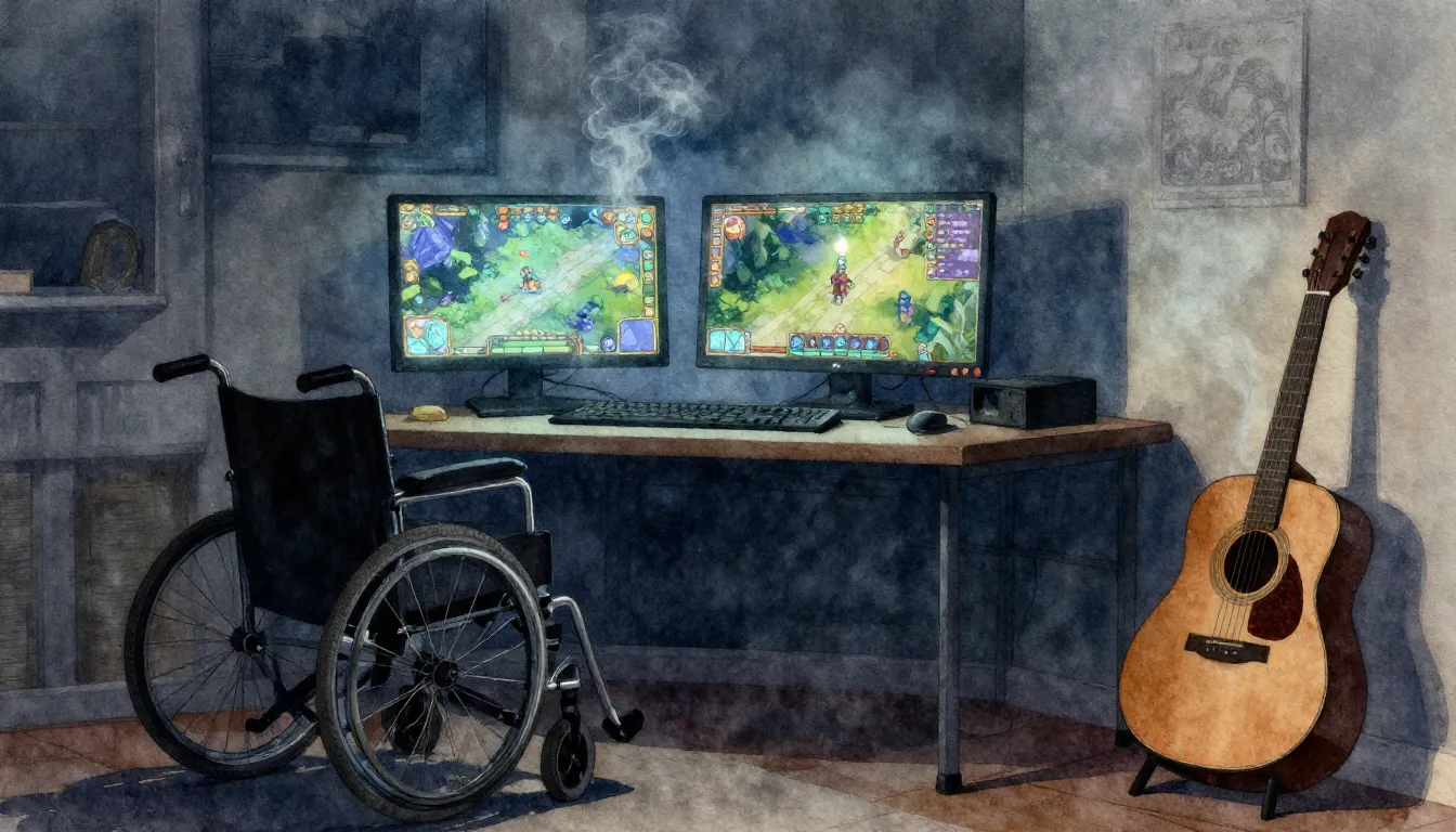 Watercolor style. A dimly lit room with a computer desk, glo...