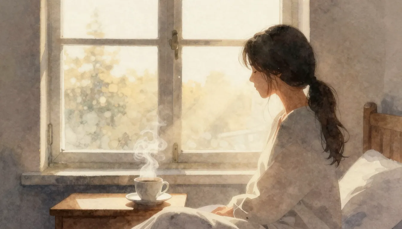 Watercolor style. A silhouette of a woman is gently awakened...