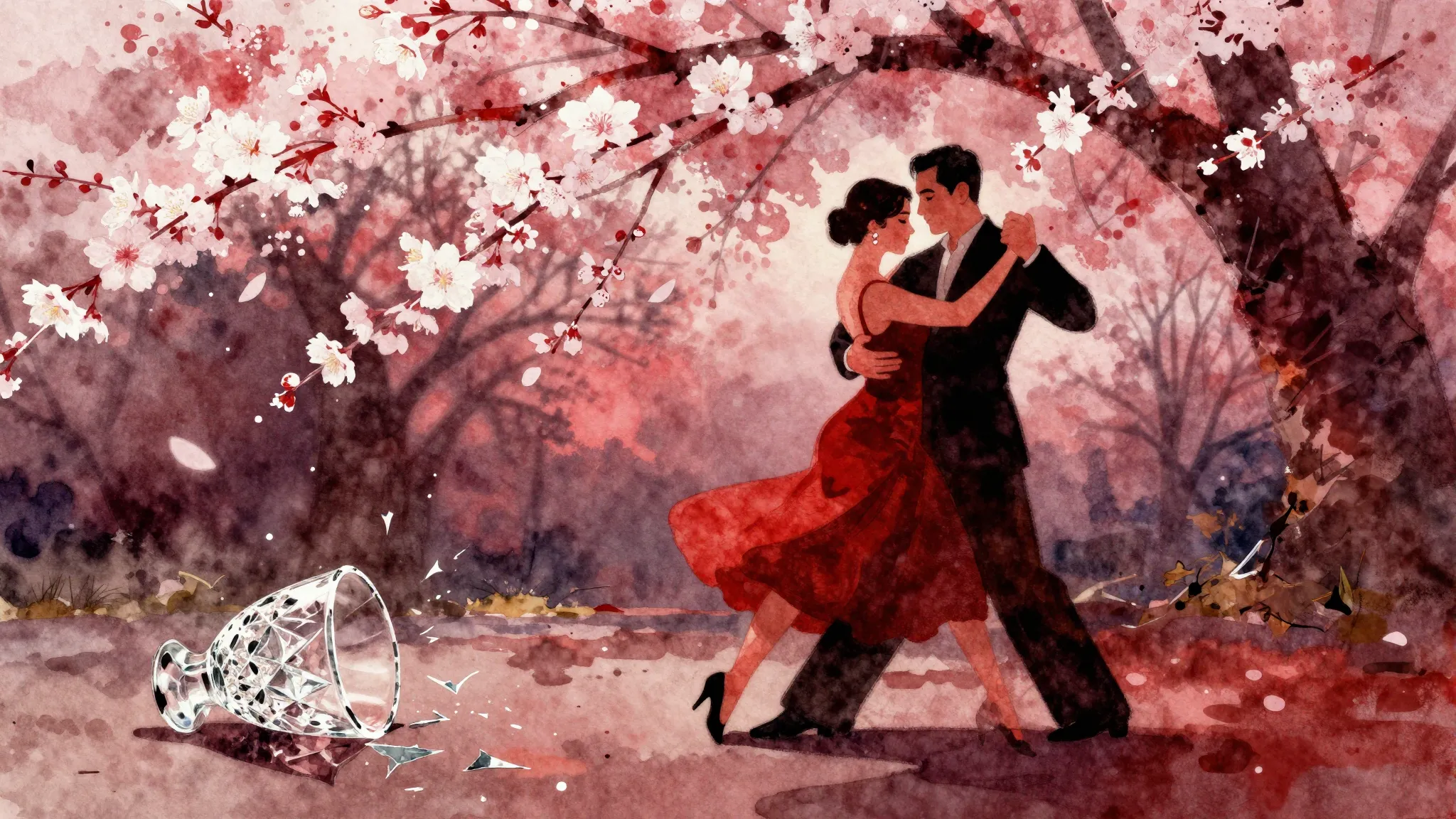 Vibrant watercolor style. Tango album cover: silhouette of a...