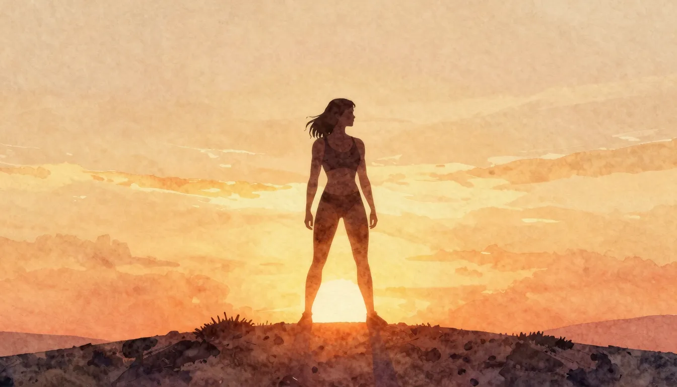 Watercolor style. A silhouette of a strong woman standing on...