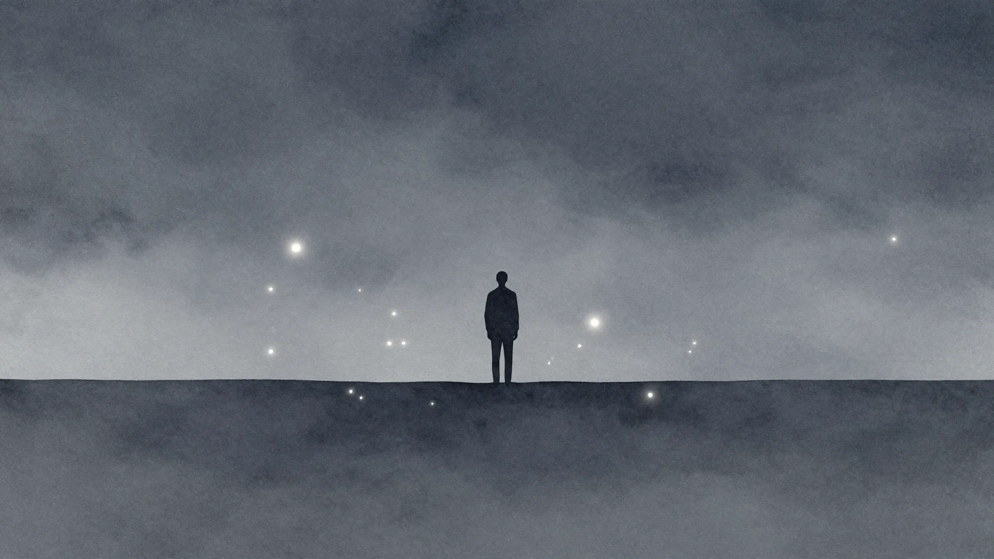 Watercolor style. A lonely silhouette standing on a vast gra...