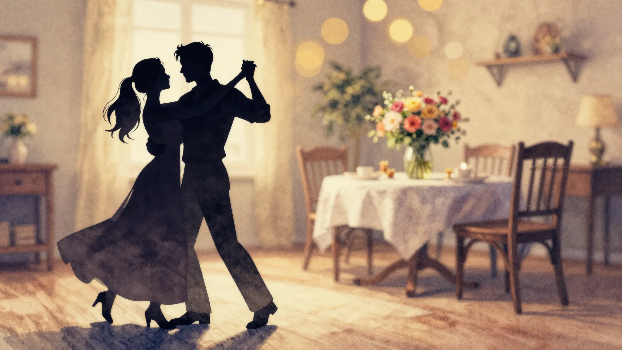 Watercolor style. A silhouette of a couple dancing in a cozy...