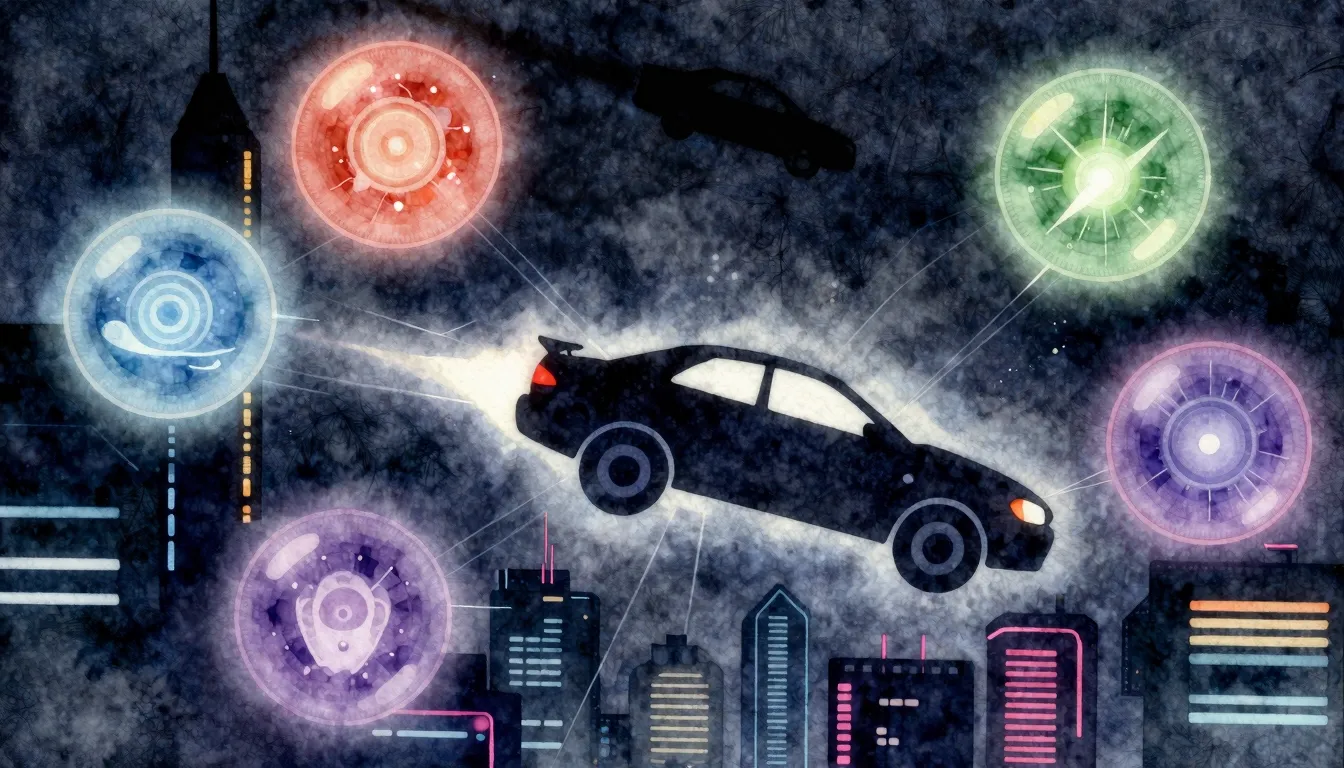 Watercolor style. Silhouette of a flying car in a futuristic...