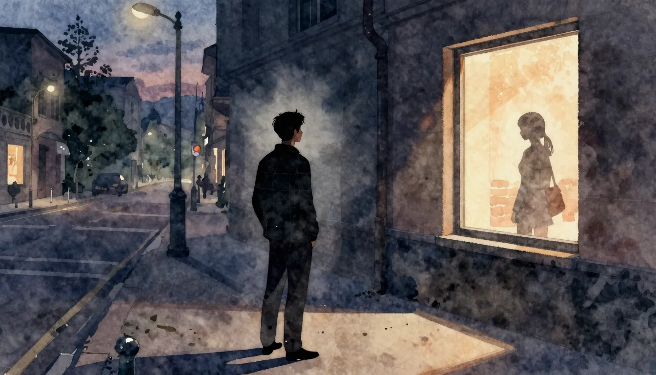 Watercolor style. A silhouette of a man stands on a city str...